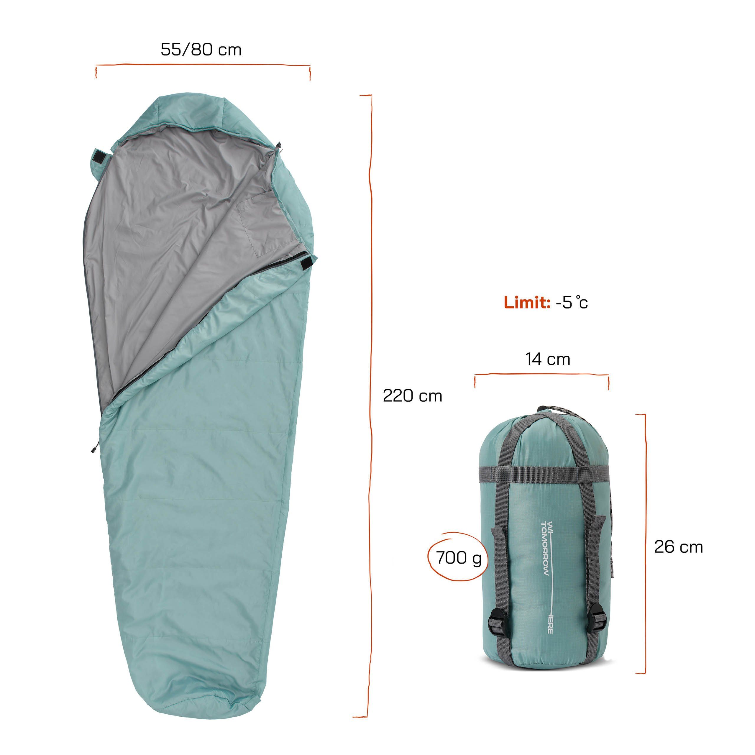 Lumaland Mumienschlafsack Where im 220x80x50, -5°C Tomorrow Outdoor Wärmekragen wasserabweisend Schulterbereich Camping Camping Schlafsack hellblau
