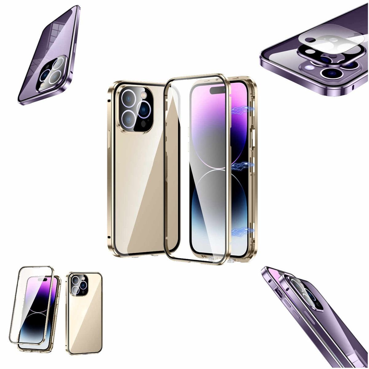 Wigento Handyhülle Beidseitiger 360 Grad Magnet / Glas Case Bumper für Apple iPhone 14 Pro Max Handy Tasche Case Hülle Cover New Style