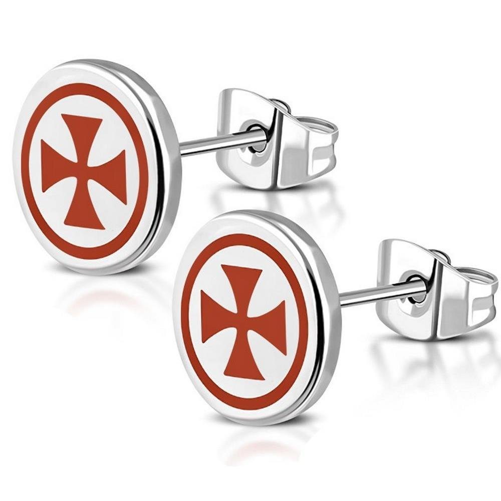 BUNGSA Ohrring-Set Ohrstecker rund mit rotem Druck verschiedene Motive Silber aus Edelsta (1 Paar (2 Stück), 2-tlg), Ohrschmuck Ohrringe Kreuz