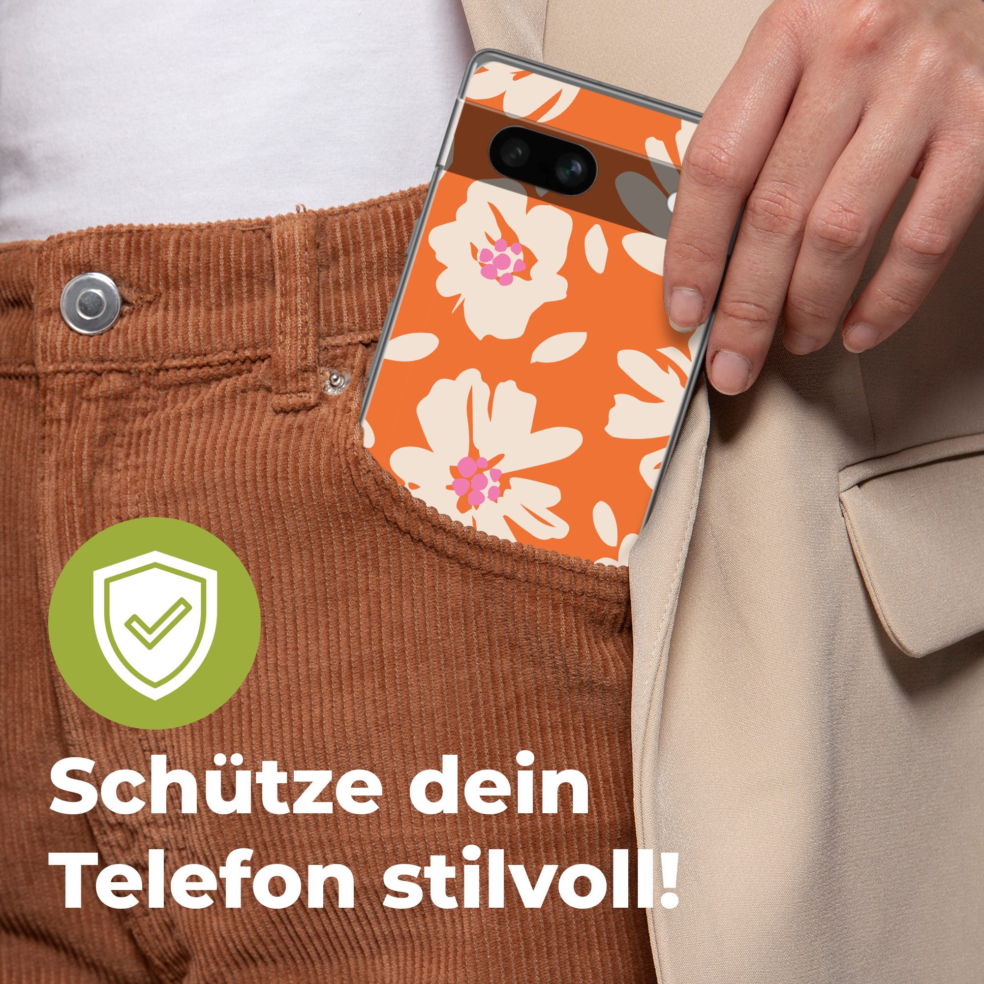 MuchoWow Handyhülle für Google Pixel 7a Blumen - Orange - Beige - Rosa - Abstrakt, Handy Case, Silikon, Bumper Case Dünn