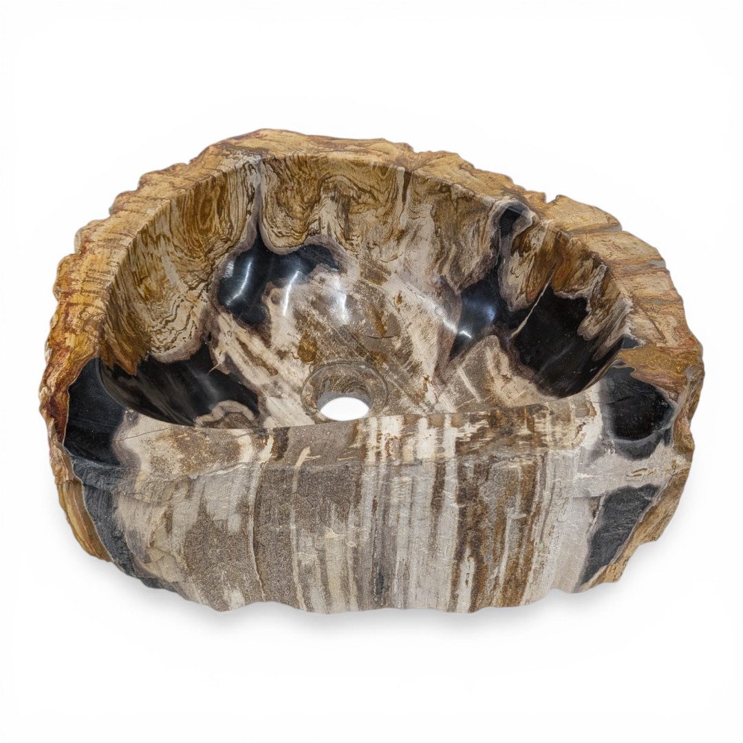 Kinaree Aufsatzwaschbecken Versteinertes Holz Waschbecken #4, poliert, Naturstein, Schwarz, Braun, Bruchstein Optik