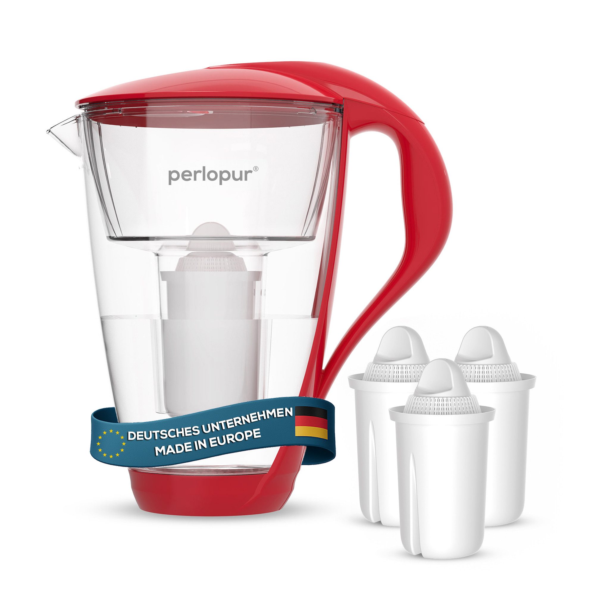 PerloPur Wasserfilter PearlCo Glas Wasserfilter Rot Inkl. 3 Universal Filterkartuschen, Zubehör für Brita Classic u. PearlCo Classic