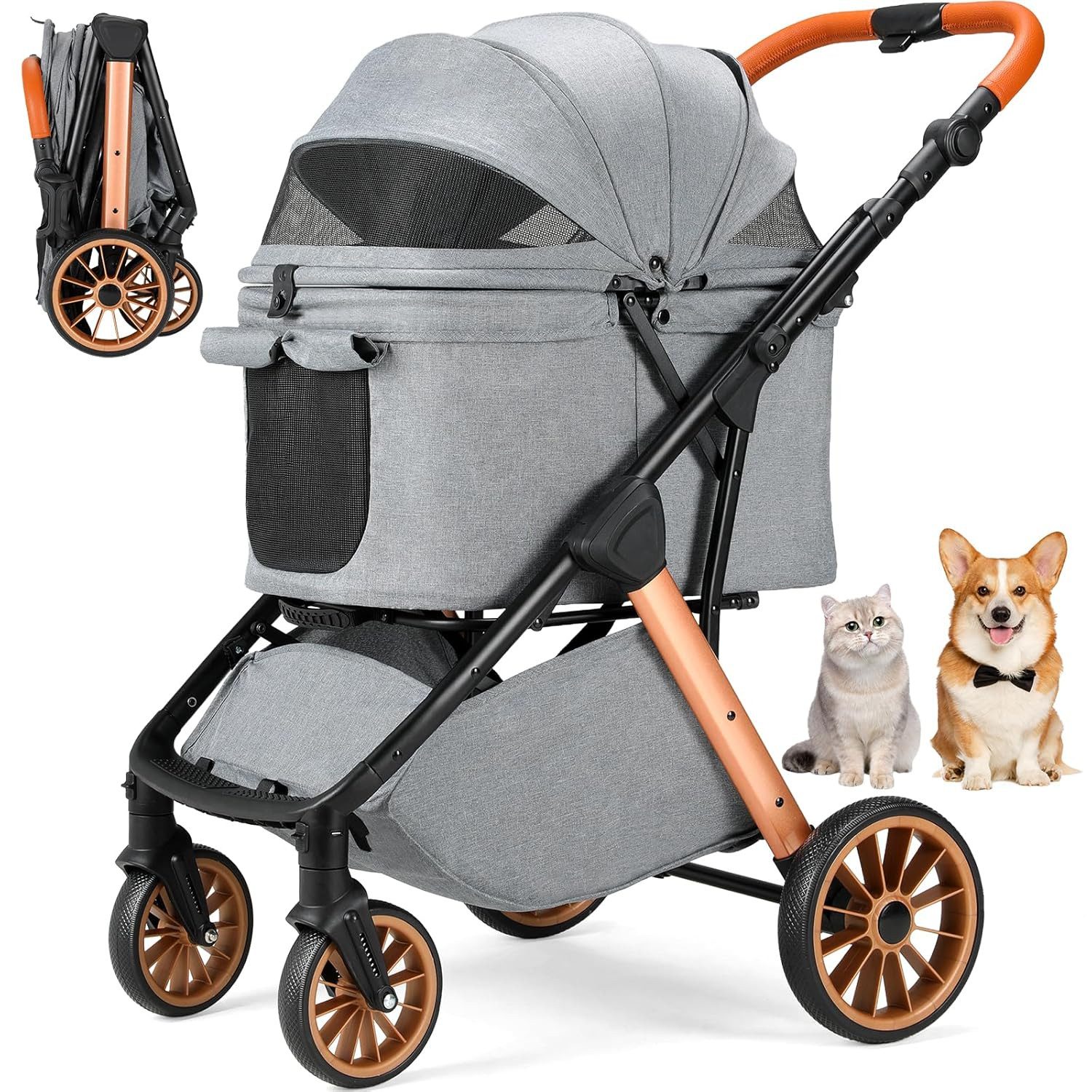 TLGREEN Hundebuggy One-Touch Faltbarer bis 25 kg, (Leichter Katzenwagen mit 360° Rädern & Belüftung, Großer Stauraum), Ideal für Kleine Hunde, Ältere Tiere, Reisen, Tierarzt