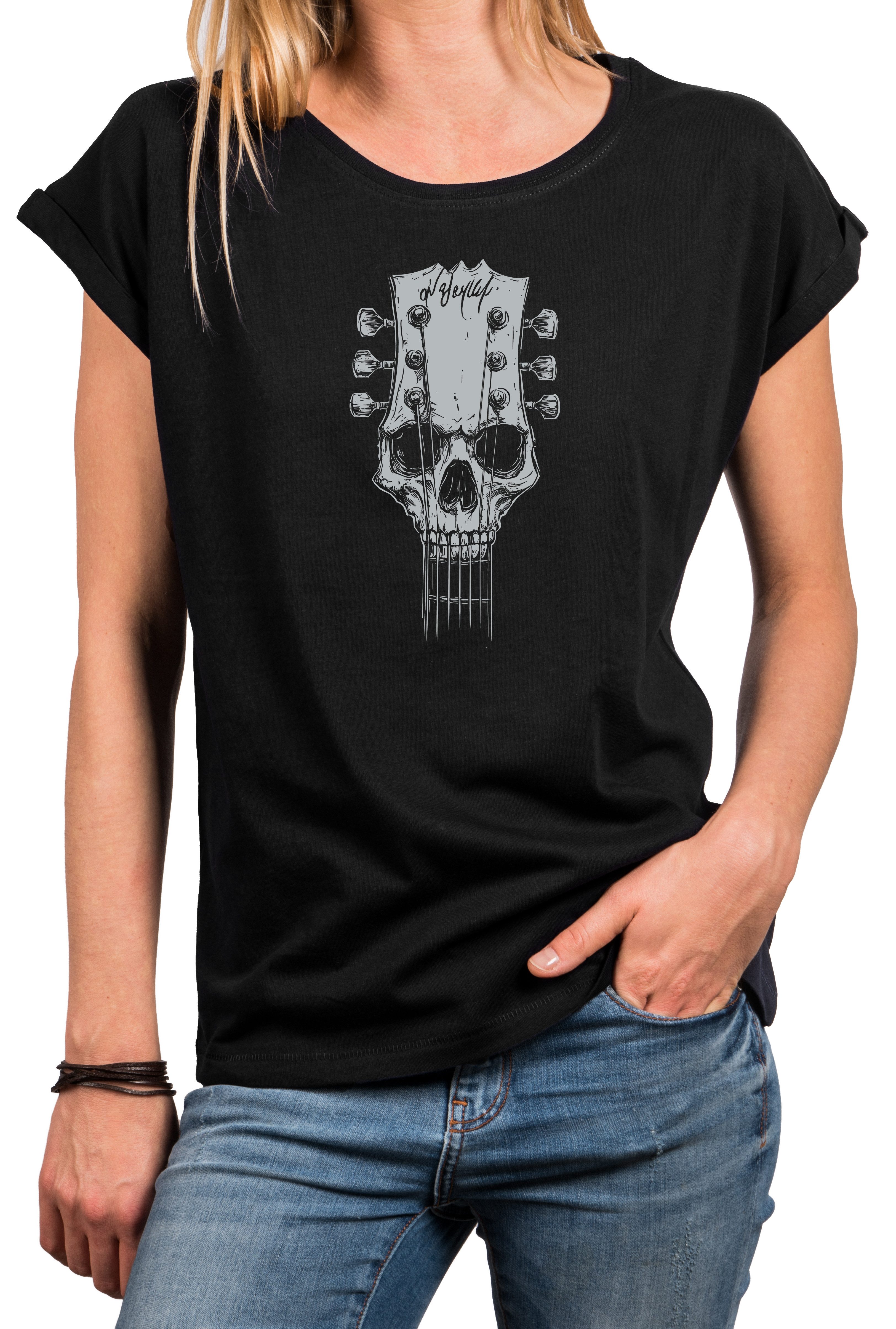 T-Shirt Damen Oberteil mit Gitarrenmotiv, Hard Rock & Festival Style