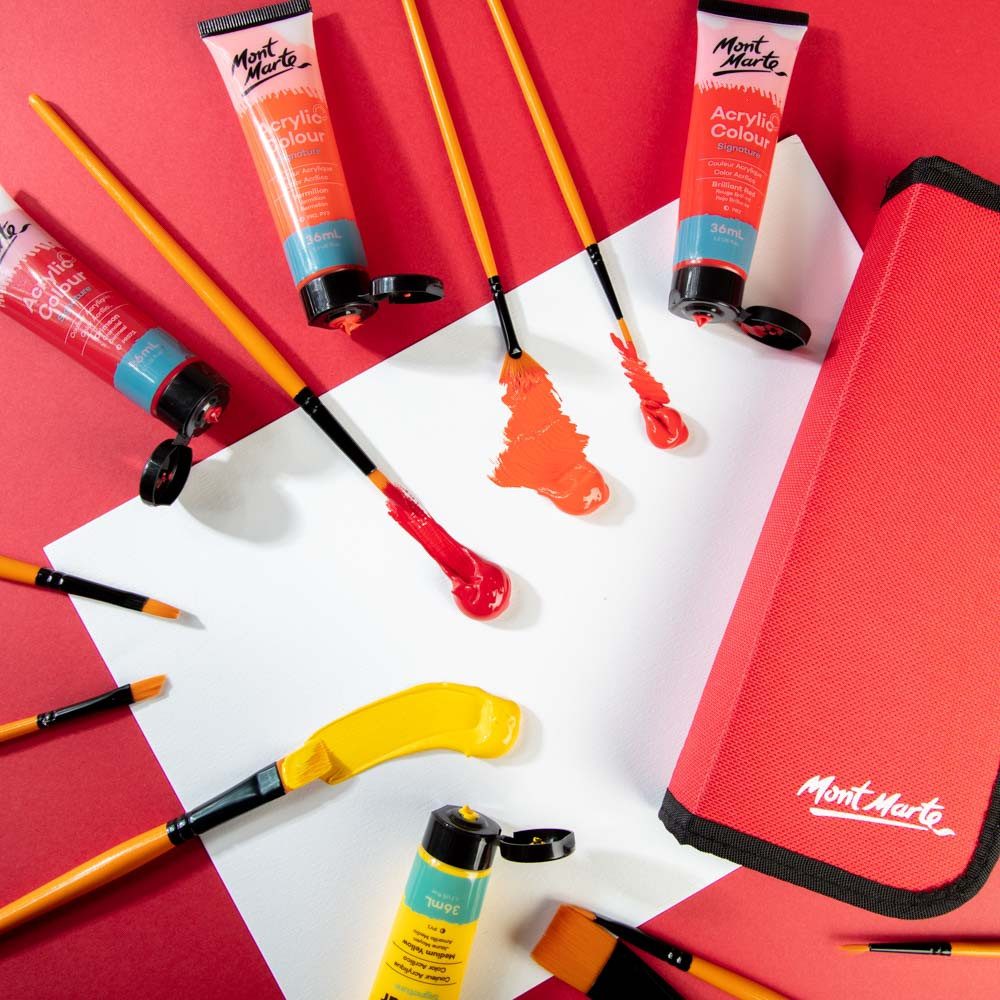 Mont Marte Pinsel 10 teilig – Künstler Taklon-Pinsel für Acryl, Öl & Aquarell u. v. m., (Set, 10 St., MONT MARTE - Malutensilien), mit praktischem Reißverschluss-Etui – ideal für Atelier & Reisen