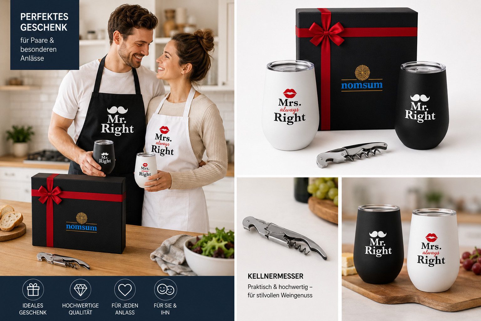 nomsum Kochschürze Mr. Right & Mrs. always Right Geschenkset Das perfekte Geschenk für, (Set bestehend aus 2 Schürzen) – Bild 3 von 3