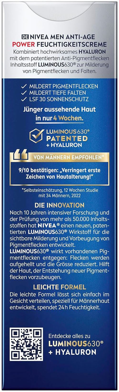 Nivea Men Tagescreme ANTI-AGE POWER 2IN1, Mildert tiefe Falten, zieht schnell ein, 24h intensive Feuchtigkeit.
