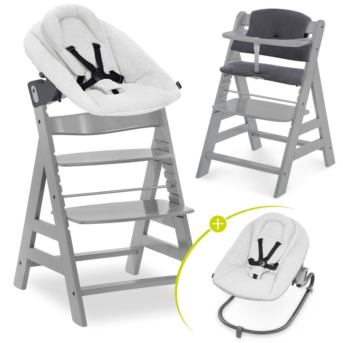 Hauck Hochstuhl Alpha Plus Newborn Set - Grey, Holz Babyhochstuhl ab Geburt inkl. Neugeborenen Aufsatz & Sitzpolster