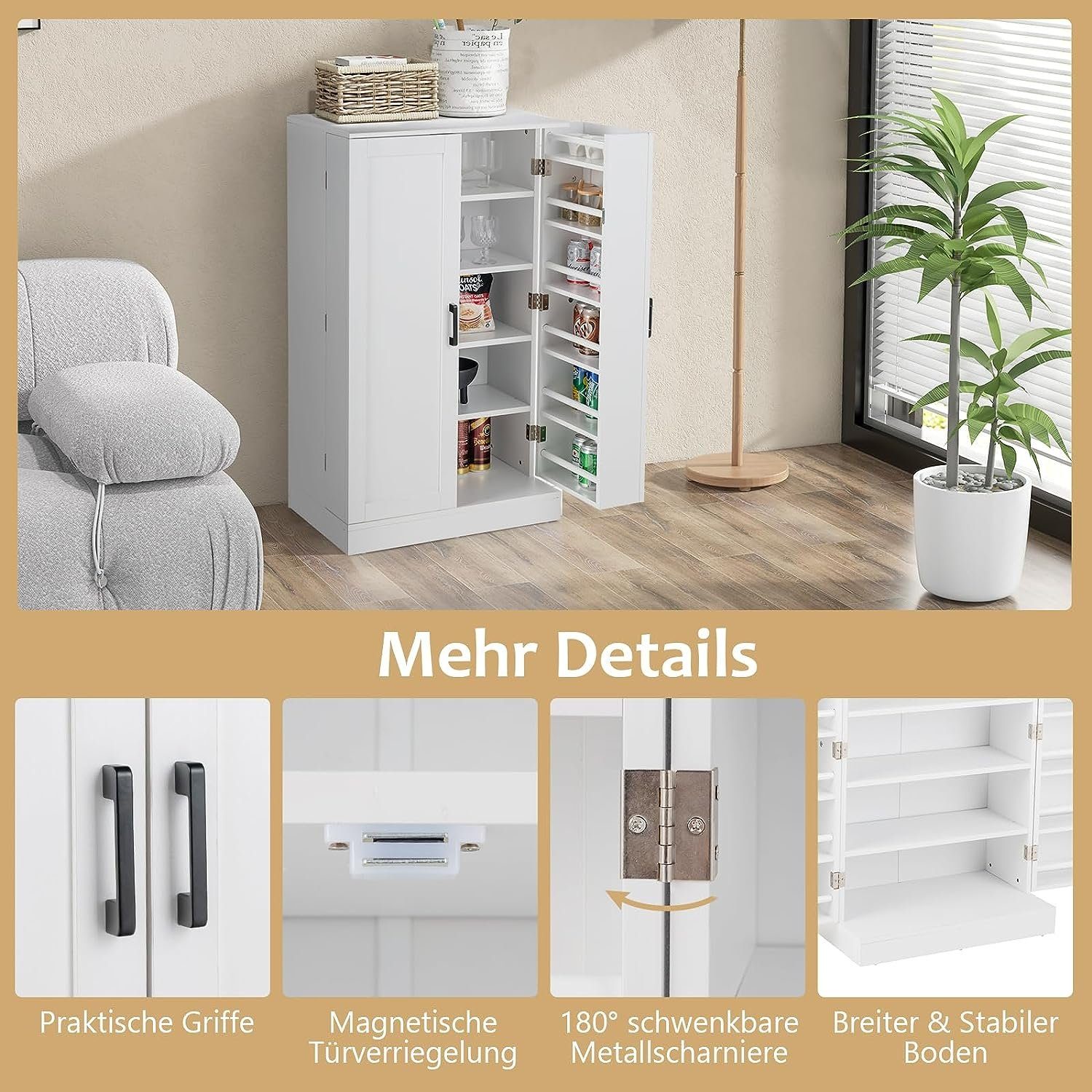 KOMFOTTEU Küchenschrank 168cm Mit Ladestation - Weißer Buffetschrank Mit Verstellbaren Regalen