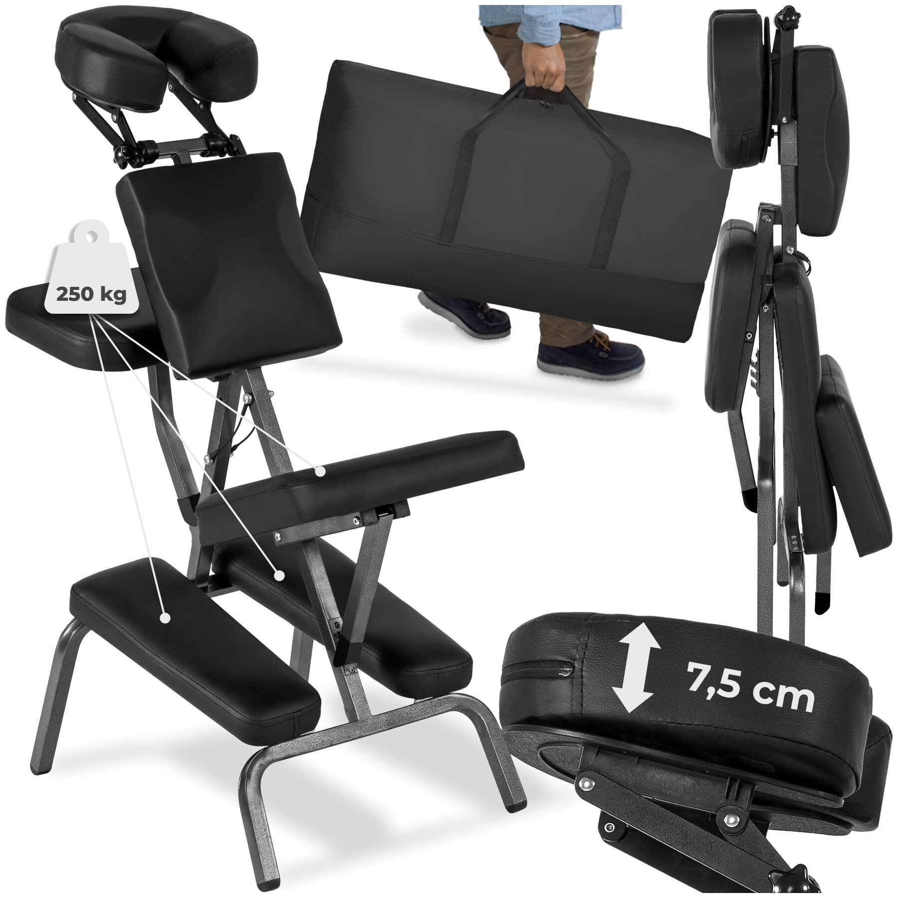 tectake Massagesessel Behandlungsstuhl klappbar, verstellbar mit Polster & Beinablagen (Massagestuhl Ergonomisch, in Schwarz), Inkl. Tragetasche für einfachen Transport, ergonomische Polster