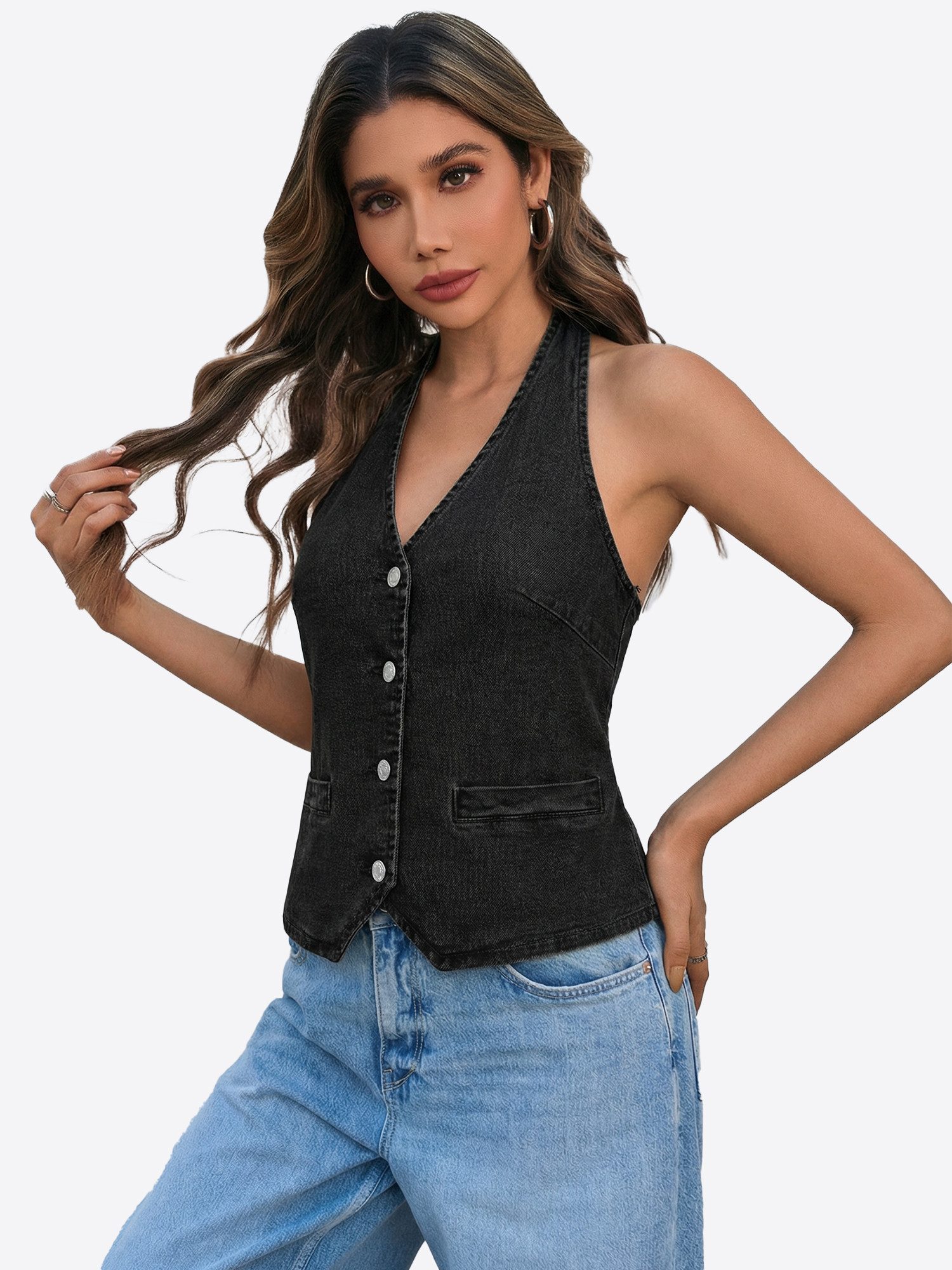 Imily Bela Jeansweste Damen Weste mit V-Ausschnitt und Rückenausschnitt (Packung, 1-tlg., 1per-Pack) mit Knöpfen – Bild 4 von 5