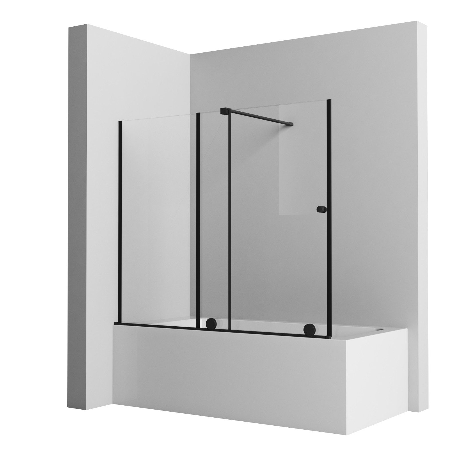 Boromal Duschwand Badewanne Schwarz Duschtrennwand Glas Duschabtrennung Schiebetür, 6mm ESG, (Badewannenaufsatz 2 teilig Rahmenlos Design, mit Haltestange & Rollensystem), Links- oder Rechtsmontage, mit Bohren