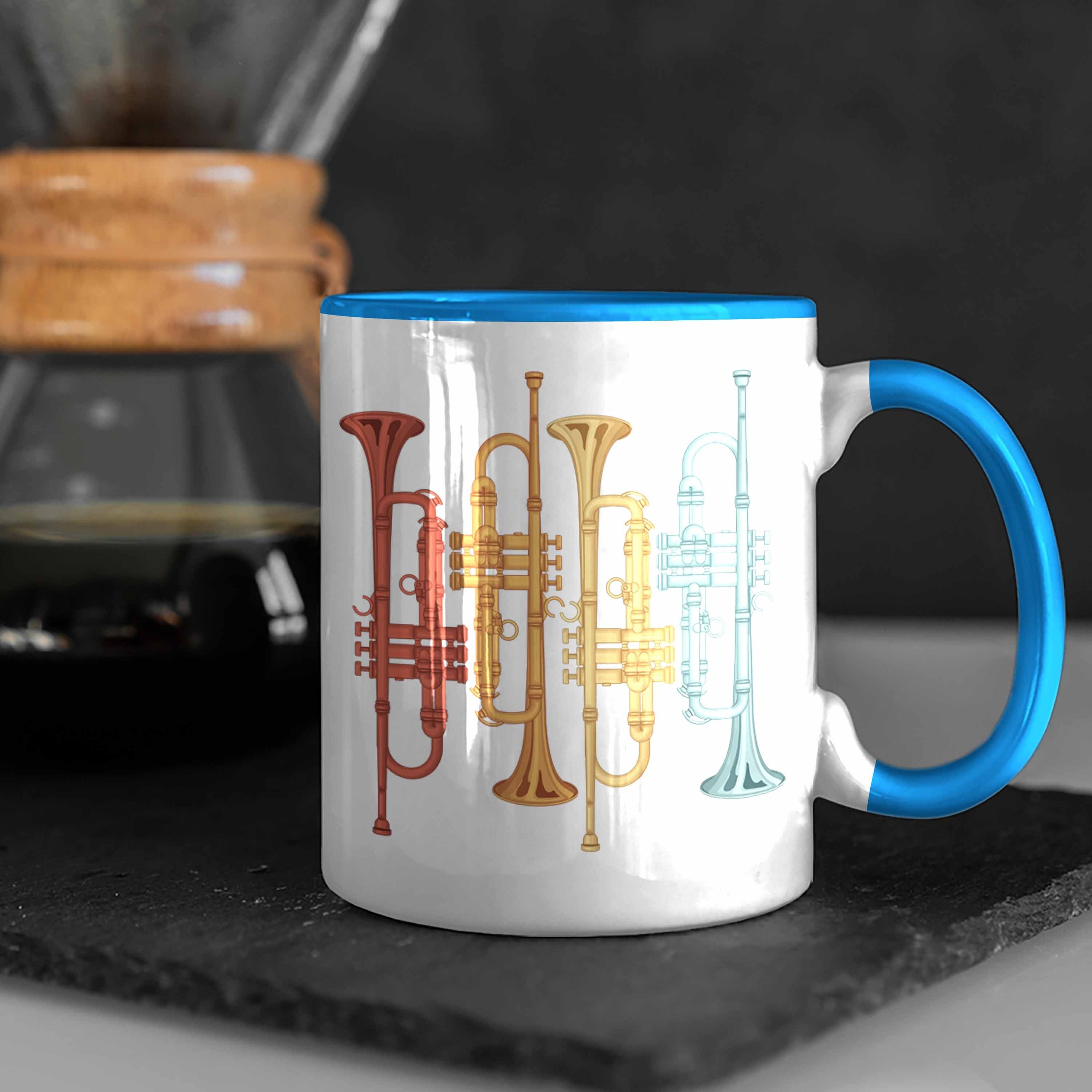 Tasse Blau Graf Posaunist Retro Geschenk Posaune Kaffee-Becher Tasse für Trompete Trendation