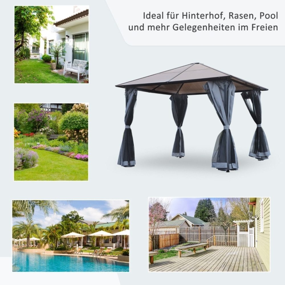 CHICFURN Pavillon Gartenüberdachung mit Polycarbonatdach und Alugestell, (Packung), Mit Vorhängen und Fliegennetz, geeignet für Terrasse, 3x3 m, Grau