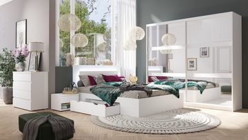 Möbel für Dich Komplettschlafzimmer Fino weiß, (5-teilig), Bett mit Schubladen, Schiebetürenschrank mit Spiegel, Kommode