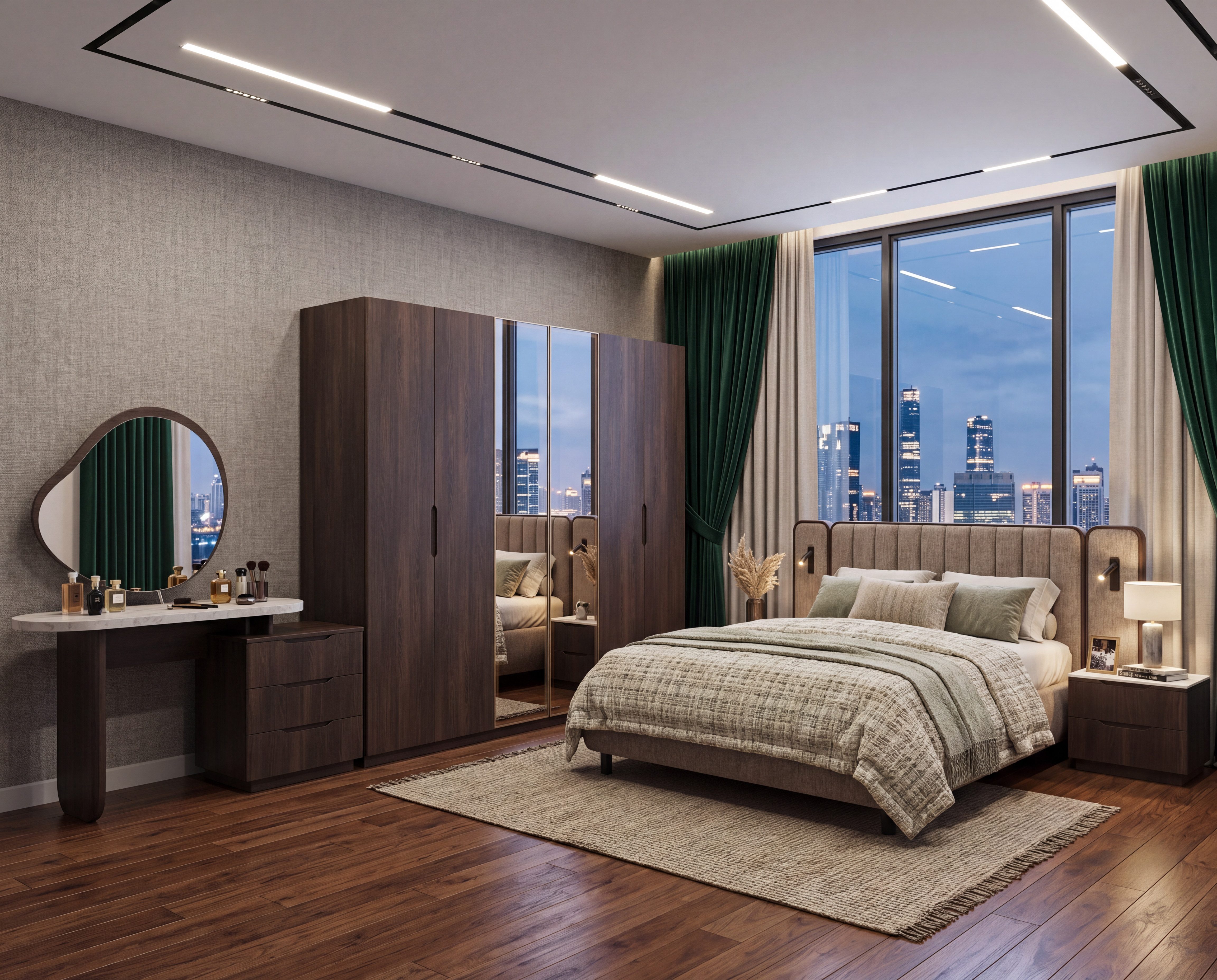 JulietHome Schlafzimmer-Set Lizbon, (Set, Kleiderschrank, Bett, 2 Nachttische, Schminktisch mit Spiegel & Hocker), Bettkasten und integrierte Bettlampen