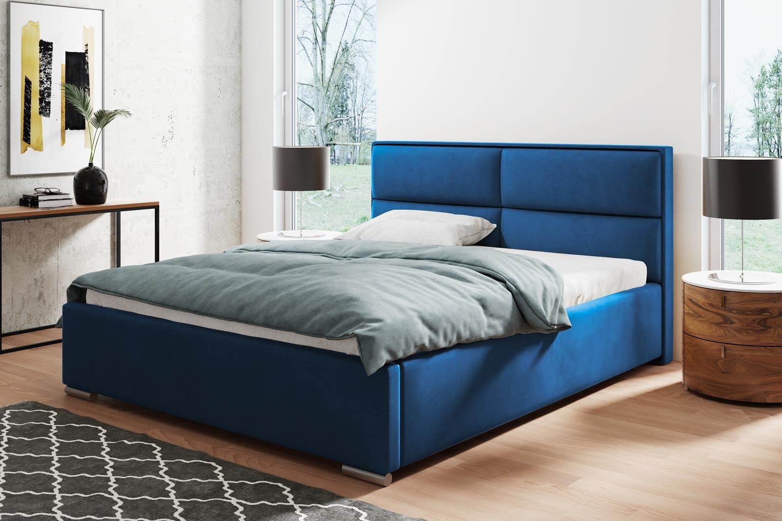 Beautysofa Polsterbett Duo (Doppelbett aus Velourstoff, mit große Bettkasten, gelb / schwarz / blau / grün / grau / rosa), mit Metallrahmen und Gaszylinder Marineblau (kronos 09)