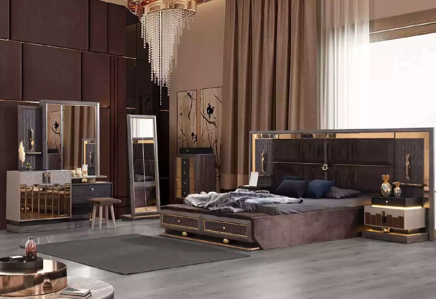 Schlafzimmer-Set Komplette Braun Modern, in Nachttische/Schminktisch/Bodenspiegel/Kommode), 6tlg Stoff Europa Made JVmoebel Bett/2x Doppelbett Set Schlafzimmer (6-St., Bett