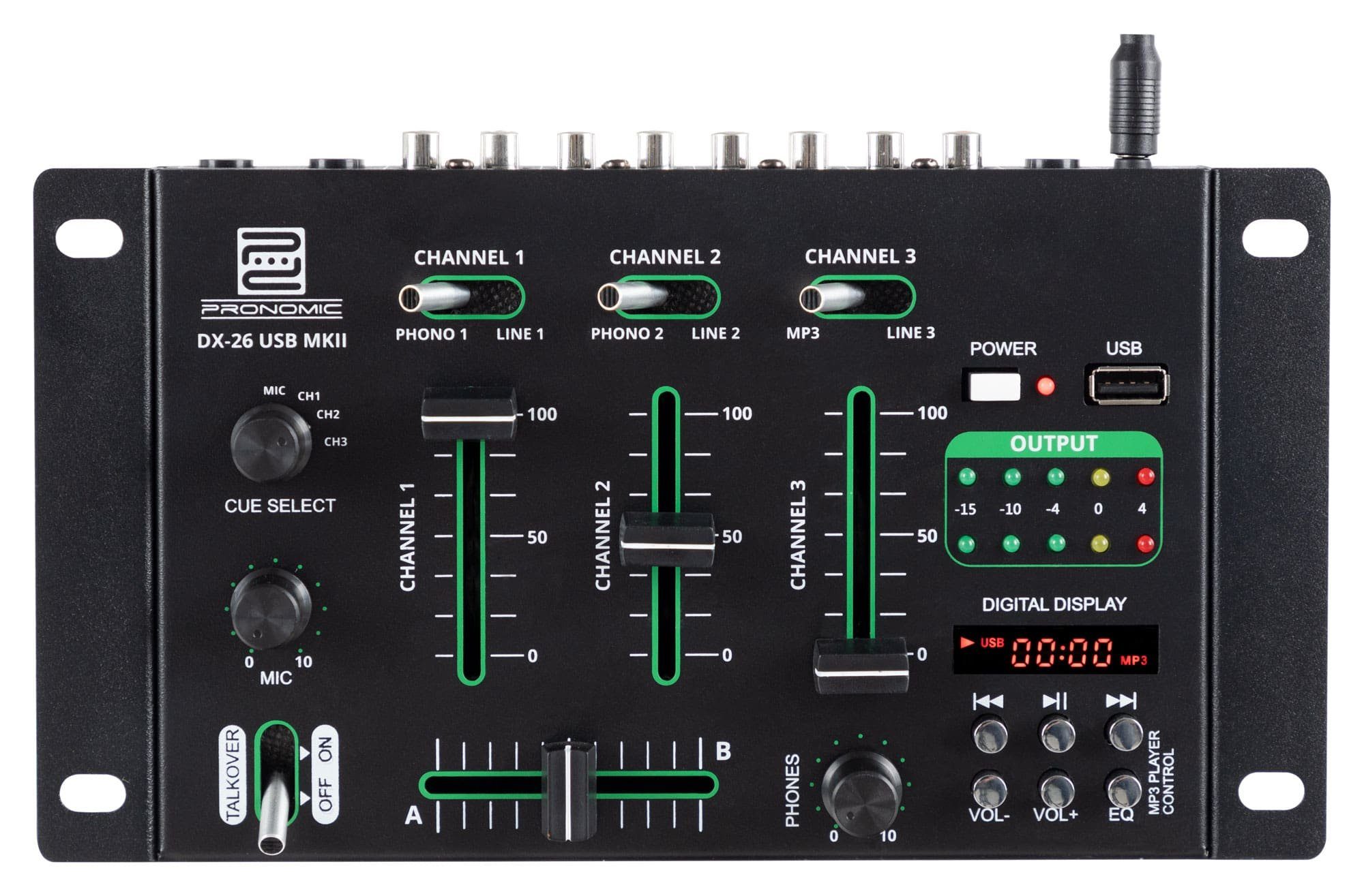 Pronomic DJ Controller DX-26 USB MKII DJ-Mixer - 3-Kanal Mischer mit Cue-Funktion, (Talkover-Funktion), MP3-Player - 2x Line/Phono - 2x Mikrofonanschluss