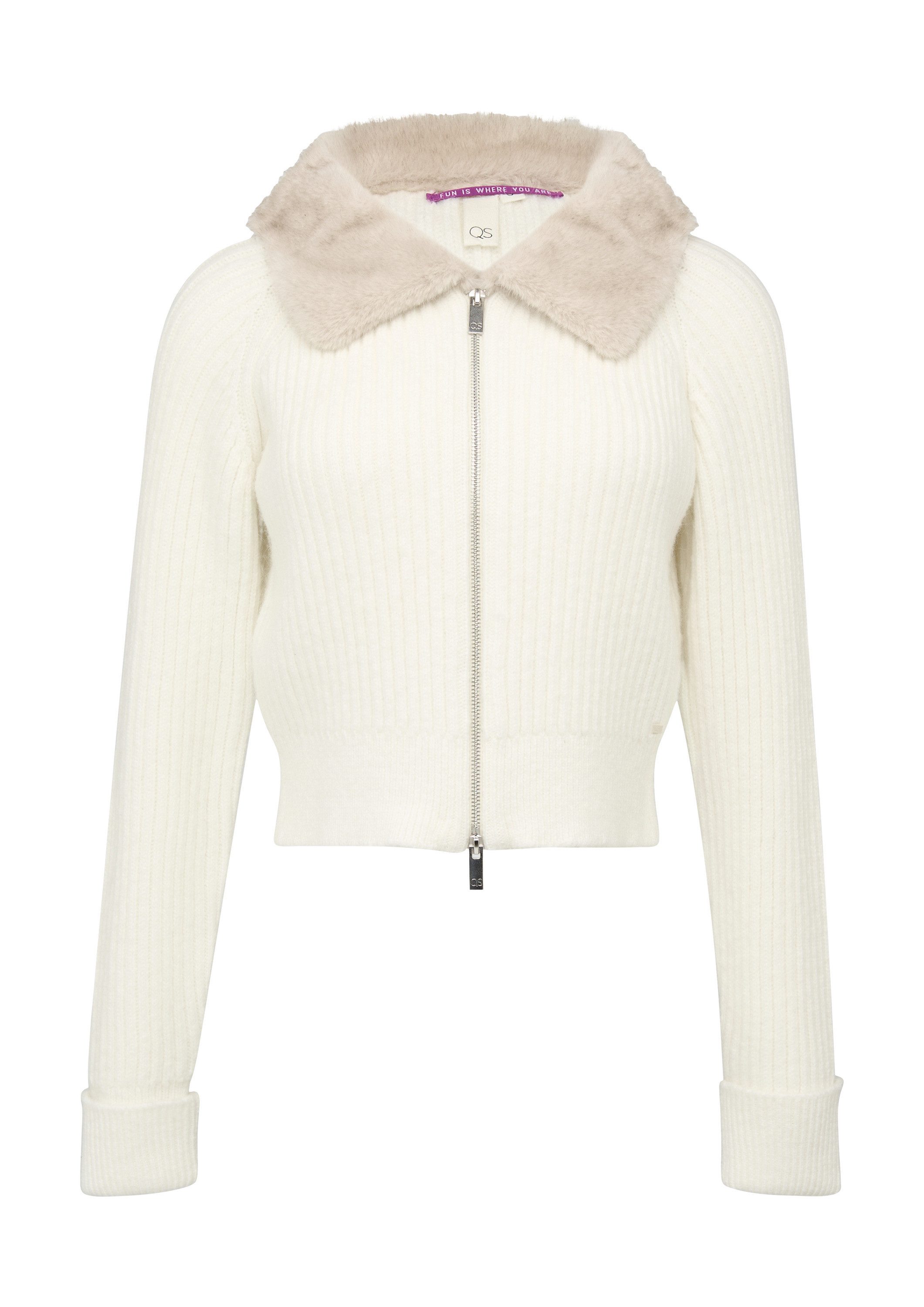 QS Cardigan Strickjacke Verkürzte Strickjacke mit Kragen in Pelzoptik günstig online kaufen