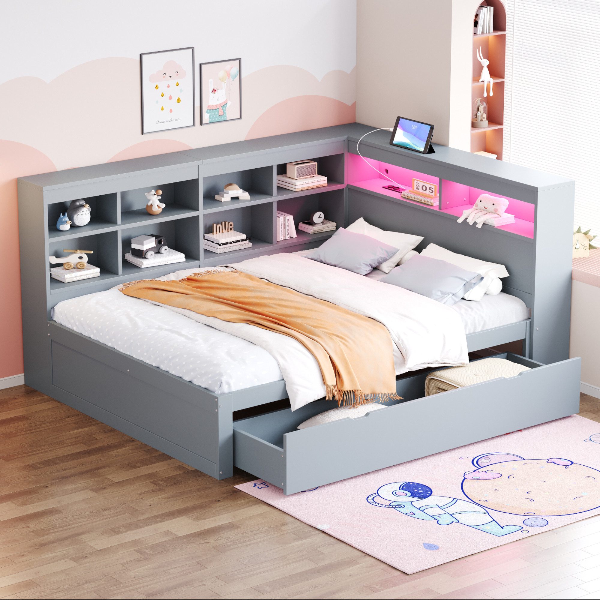 Celya Schlafsofa Massivholzsofa, Schlafsofa mit extra großen Schubladen, multifunktionales Doppel-Holzbett, ohne Matratze, mit USB-Steckdose und LED-Lichtleiste