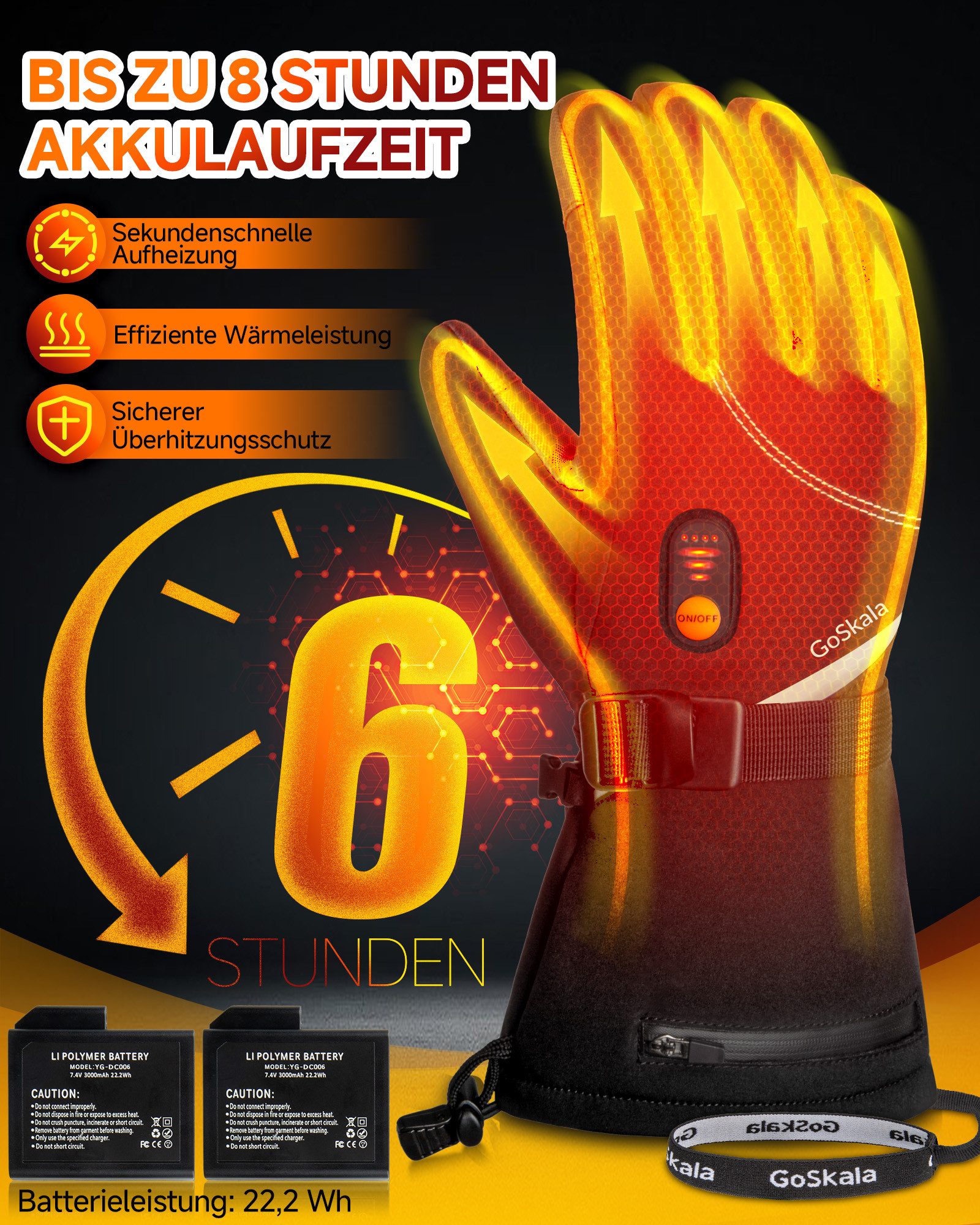 GoSkala Beheizbare Handschuhe Skihandschuhe mit 3 Heizstufen, Thermohandschuhe Winterhandschuhe (Set) Beheizt, Touchscreen-kompatibel, Wiederaufladbar, Temperat – Bild 2 von 5