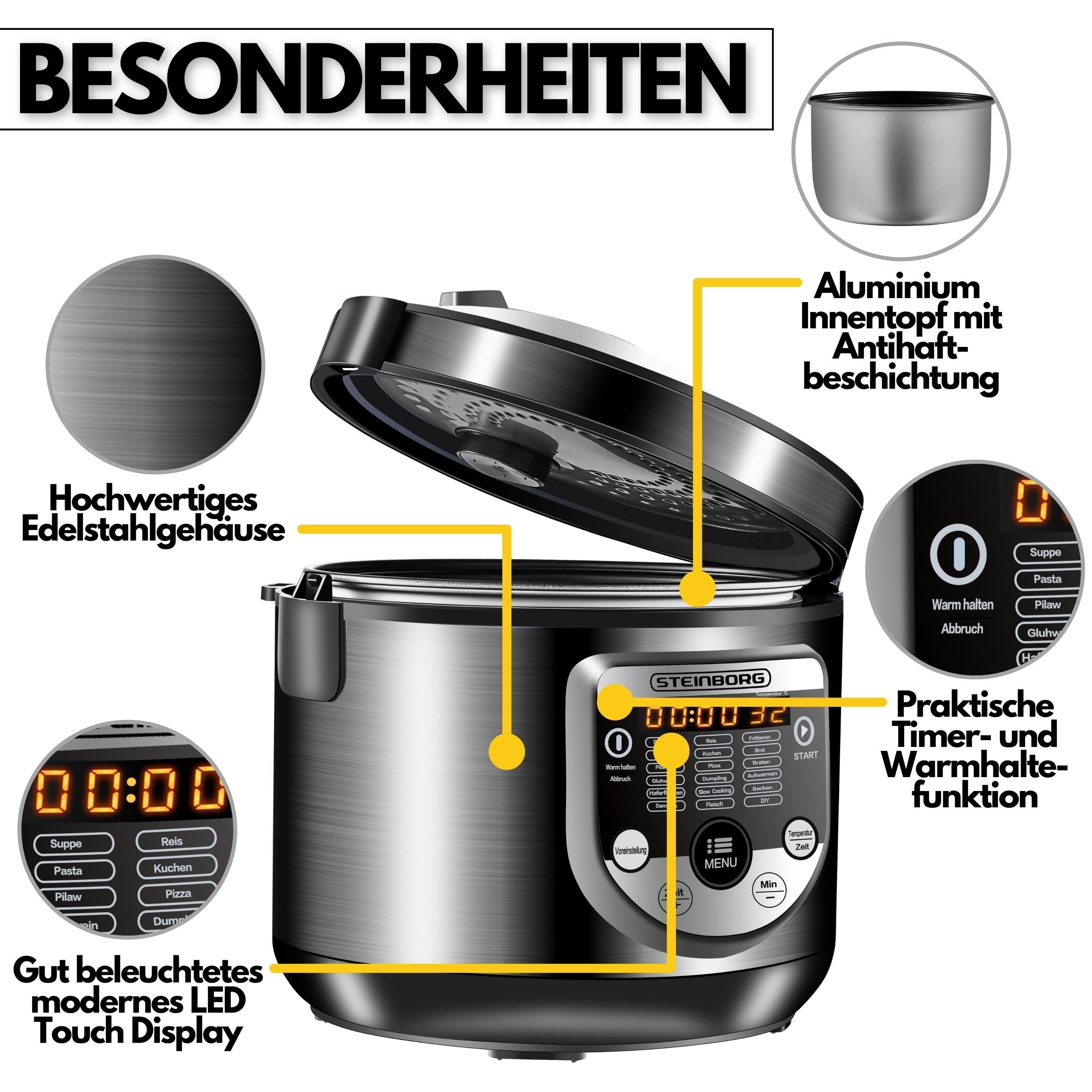 STEINBORG Bedienfeld W, Aufwärmfunktion, Programme, Sprache 18 deutscher Multikocher 900 automatische SB-3100, Edelstahlgehäuse, Warmhaltefunktion, in Touch