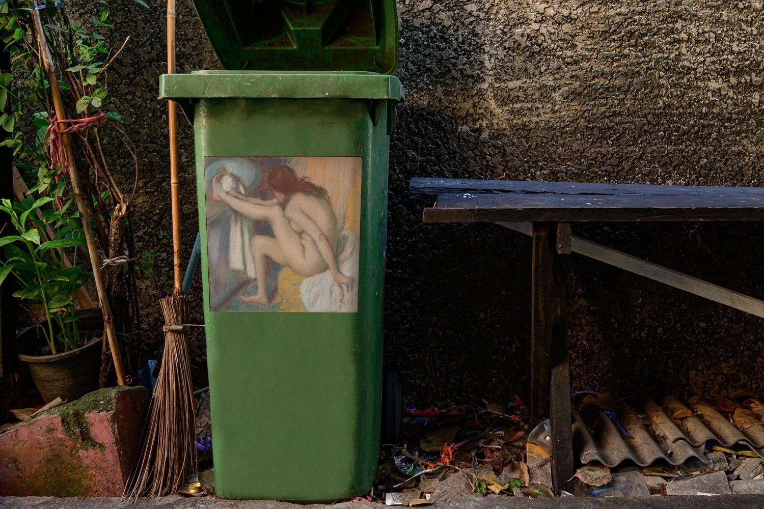 Frau Gemälde Wandsticker (1 - ihren Fuß Edgar trocknet Container, MuchoWow Mülleimer-aufkleber, von Degas Mülltonne, Sticker, St), Abfalbehälter