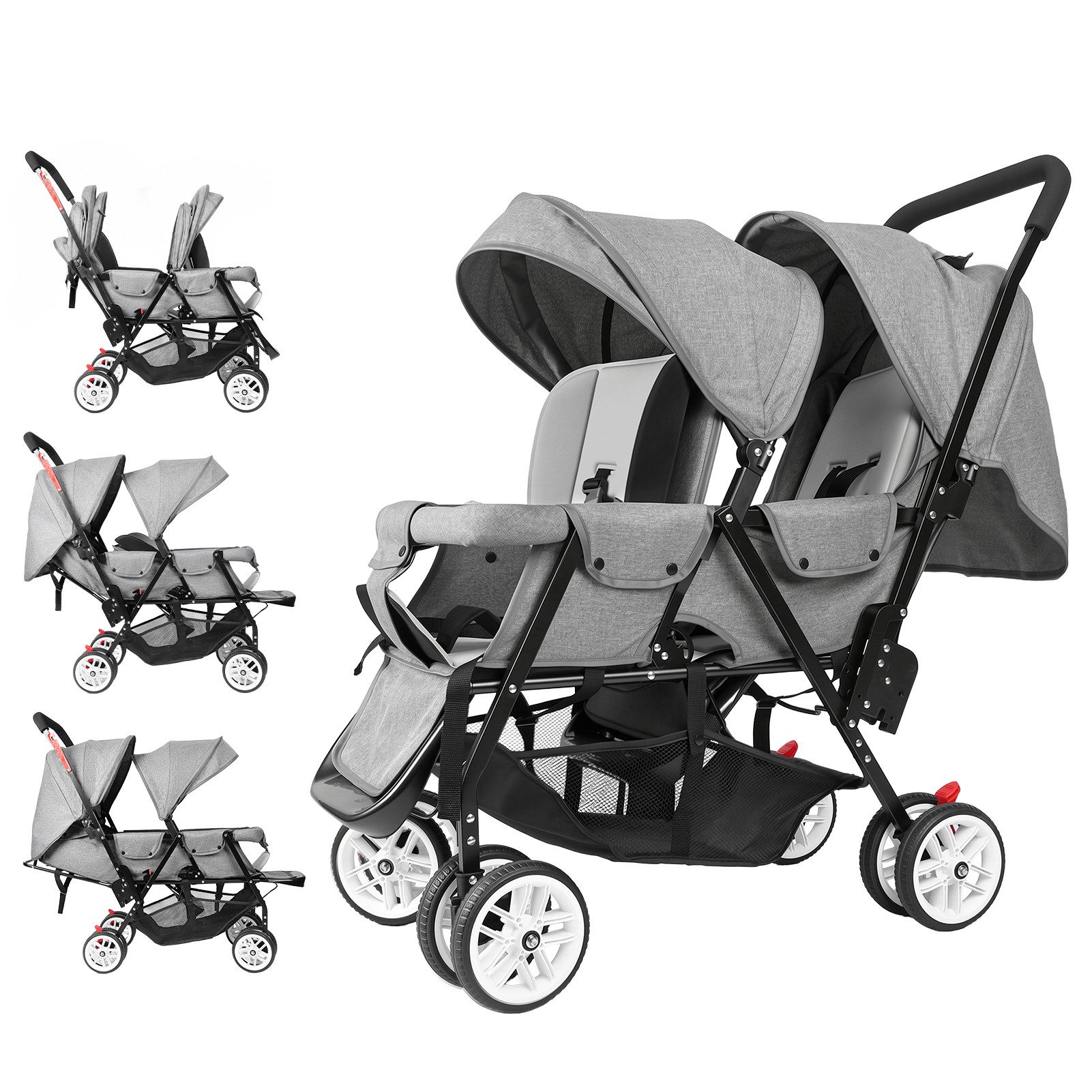 Rutaqian Zwillings-Kombikinderwagen Klappbarer Zwillingskinderwagen, Tandem-Kinderwagen, Double Baby Stroller with Adjustable Backrests for Family Outings