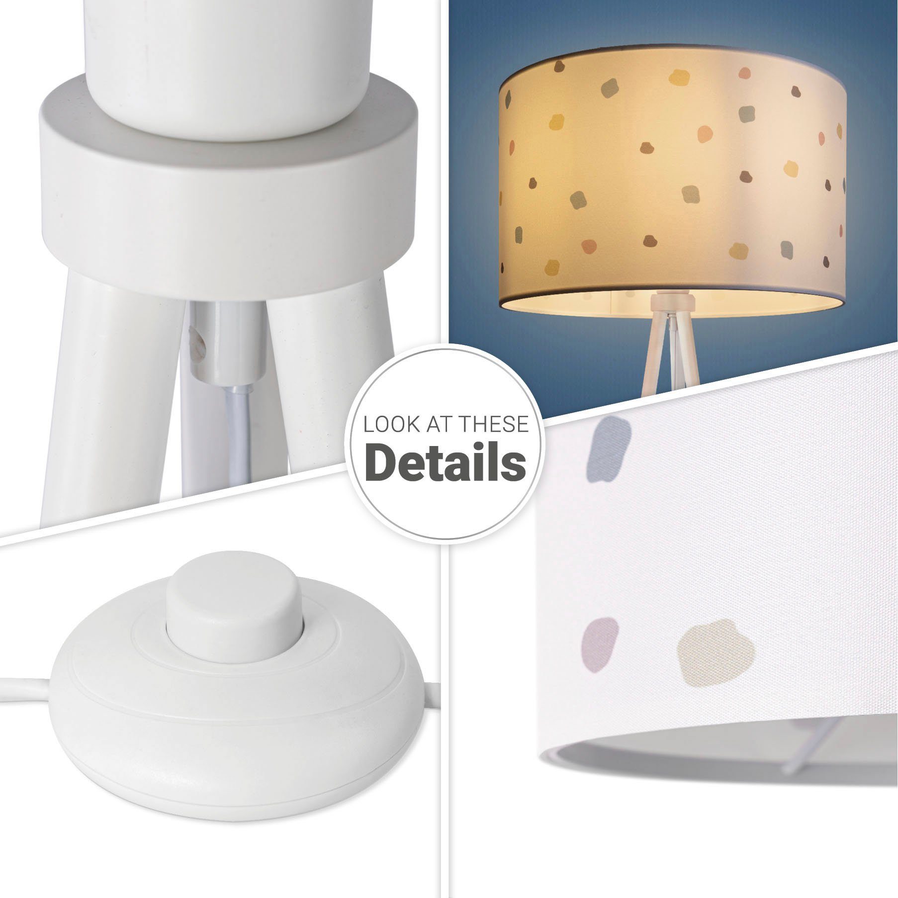 Paco Home Stehlampe Trina Bunt Stoff Dots, Lampenschirm Mit ohne Leuchtmittel, Stecker Dreibein Punkte Rund Standlampe