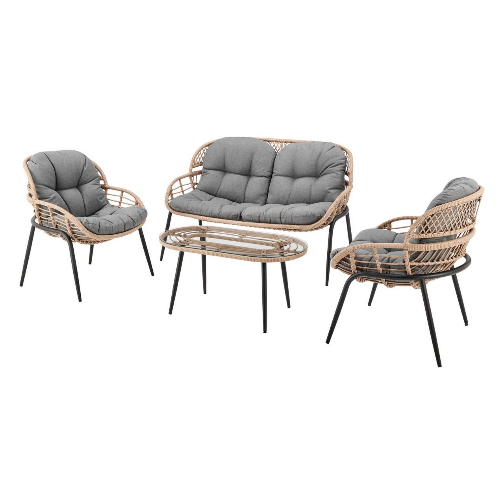 Happy Home Gartenstuhl 8-tlg. Lounge-Set aus hellem Rattan mit Sitzkissen - Grau