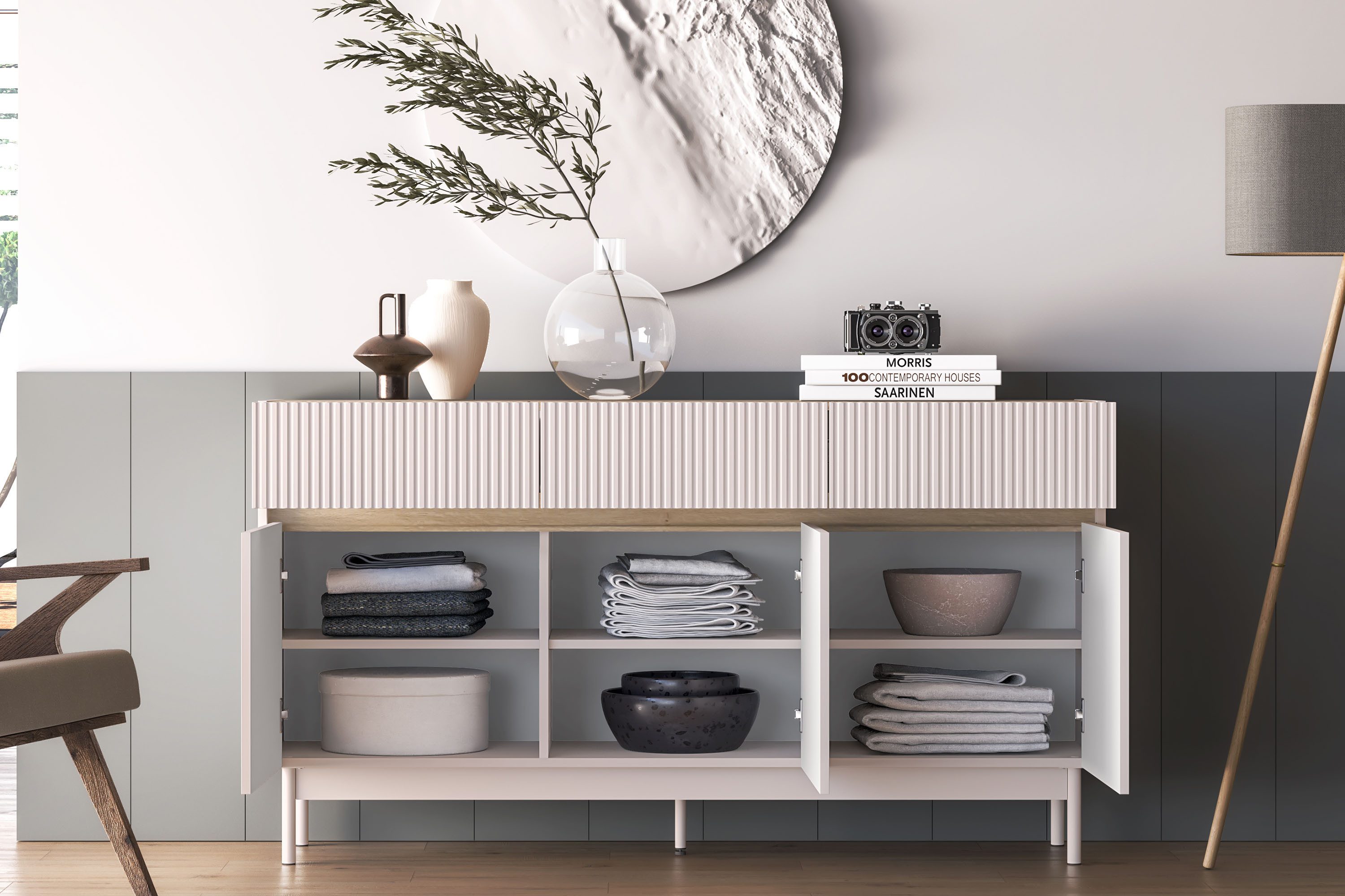 KONSIMO® Kombikommode NALIA Sideboard, Türkommode, hergestellt in der EU, Kaschmirfarbe, Elegant, mit Soft-Close-Funktion, geriffelte Fronten