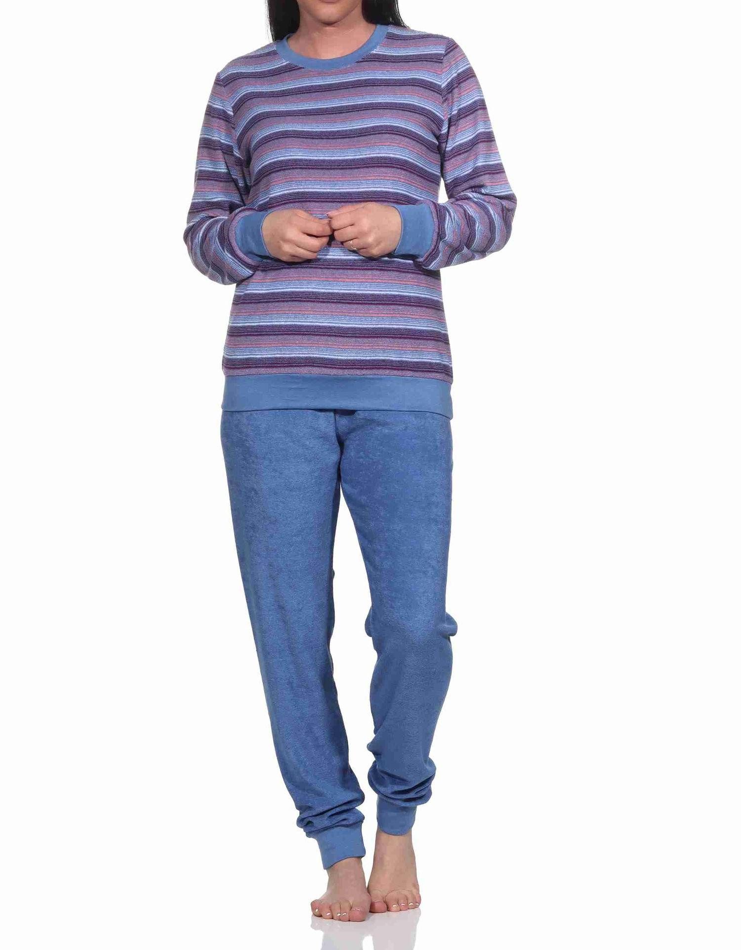Pyjama Damen Frottee Schlafanzug mit Bündchen in eleganten Streifendesign