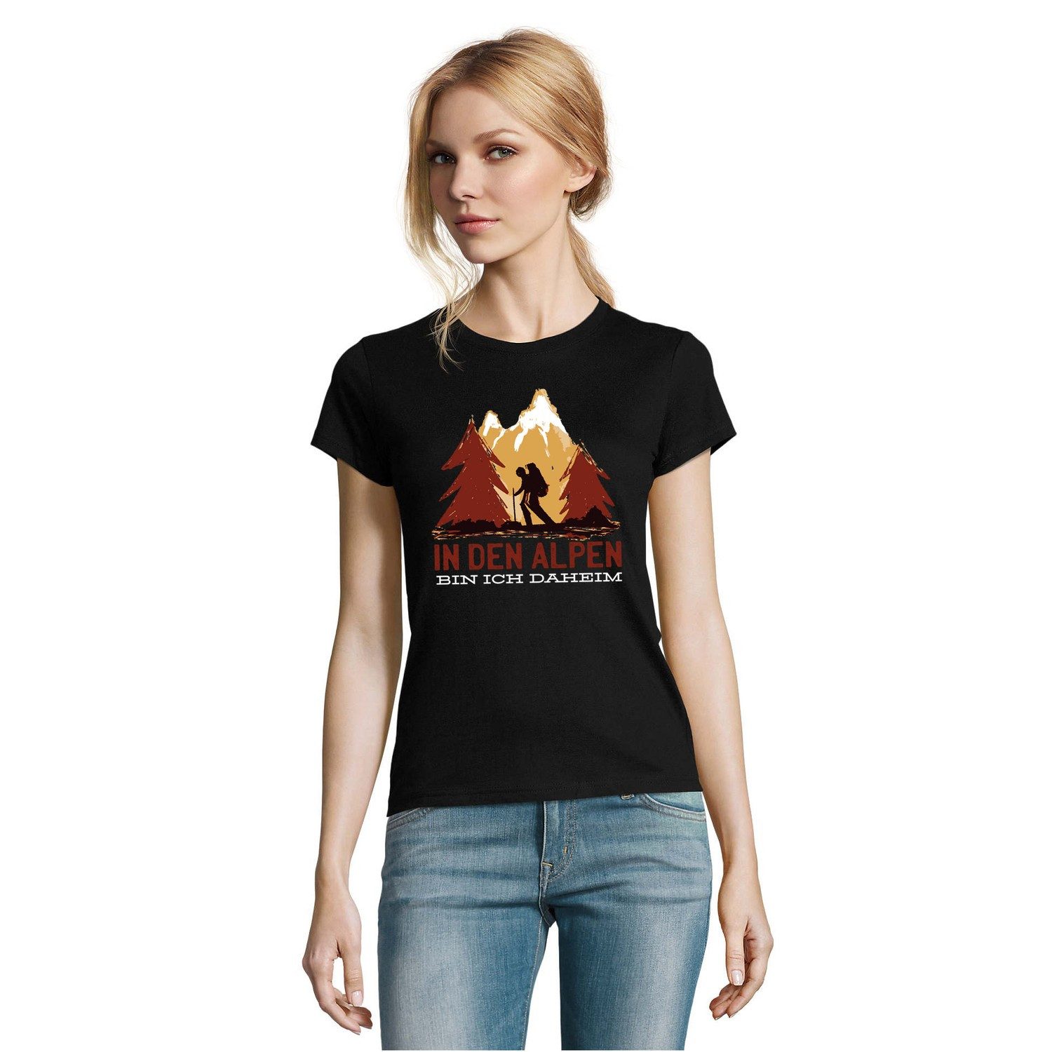 Blondie & Brownie T-Shirt Alpen Daheim Damen Tee Print Wandern Berge Naturmotiv Freizeit Shirt (Einzelstück, Einzelartikel) AlpenDaheim Damen Tee Bergwanderliebe