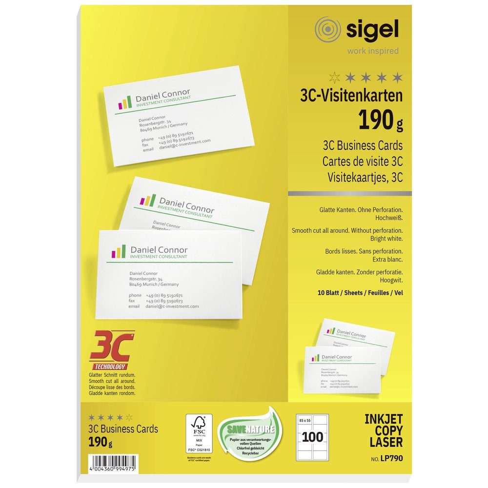 Sigel Visitenkarten Sigel LP790 Bedruckbare Visitenkarten, glatte Kanten 85 x 55 mm Hochwe