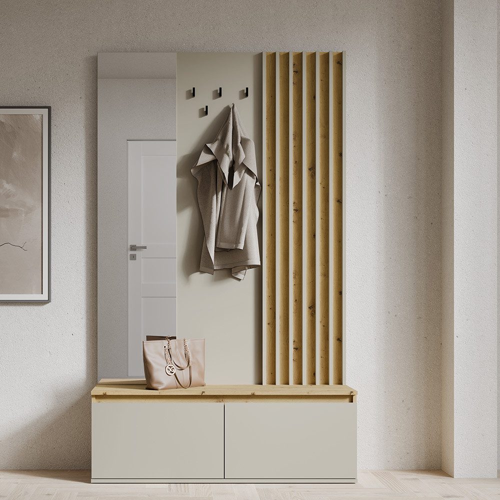 Lomadox Garderobe DAVIS-166, Eiche Dekor Kaschmir Lamellen 120 cm Spiegel Paneel Schuhbank