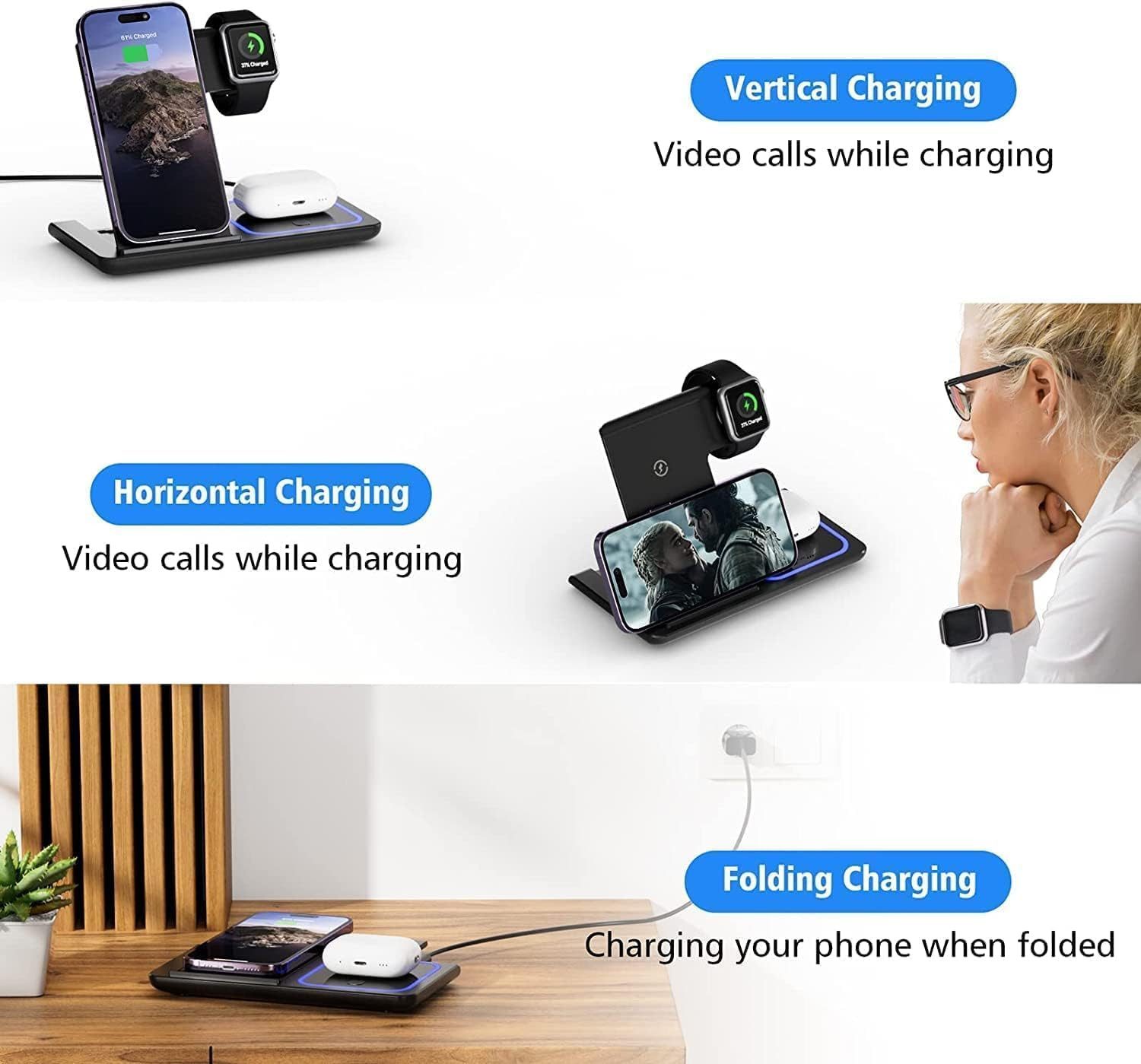 Luckice Kabellose Ladegeräte, 3 in1 Faltbarer Induktive Ladestation Wireless Charger