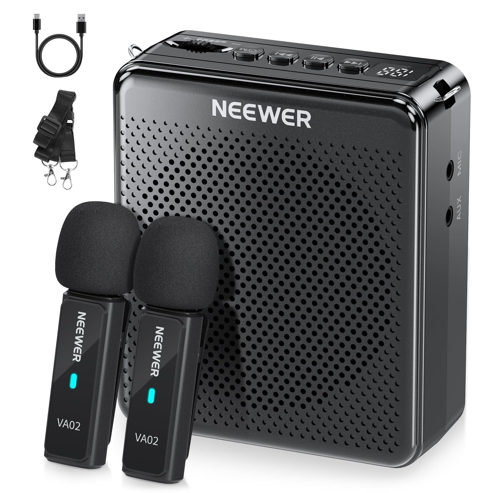 Neewer Mikrofon VA02 Sprachverstärker mit kabellosem Mikrofon, 15m Reichweite, 10 Std. (Packung), Mini USB C, Lautsprecher, Tragbares Megafon Mikrofon Set für Lehrer