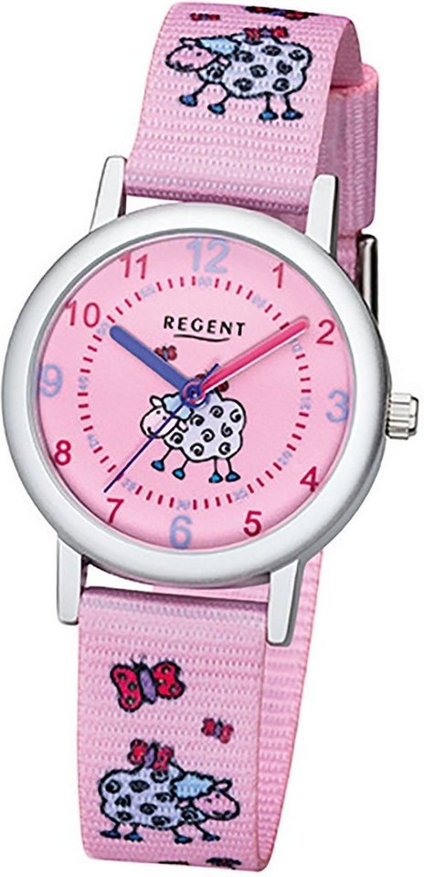Regent Quarzuhr Regent Textil Stoff Kinder Uhr, Kinderuhr Textil,  Stoffarmband rosa, pink, rundes Gehäuse, klein(29mm)