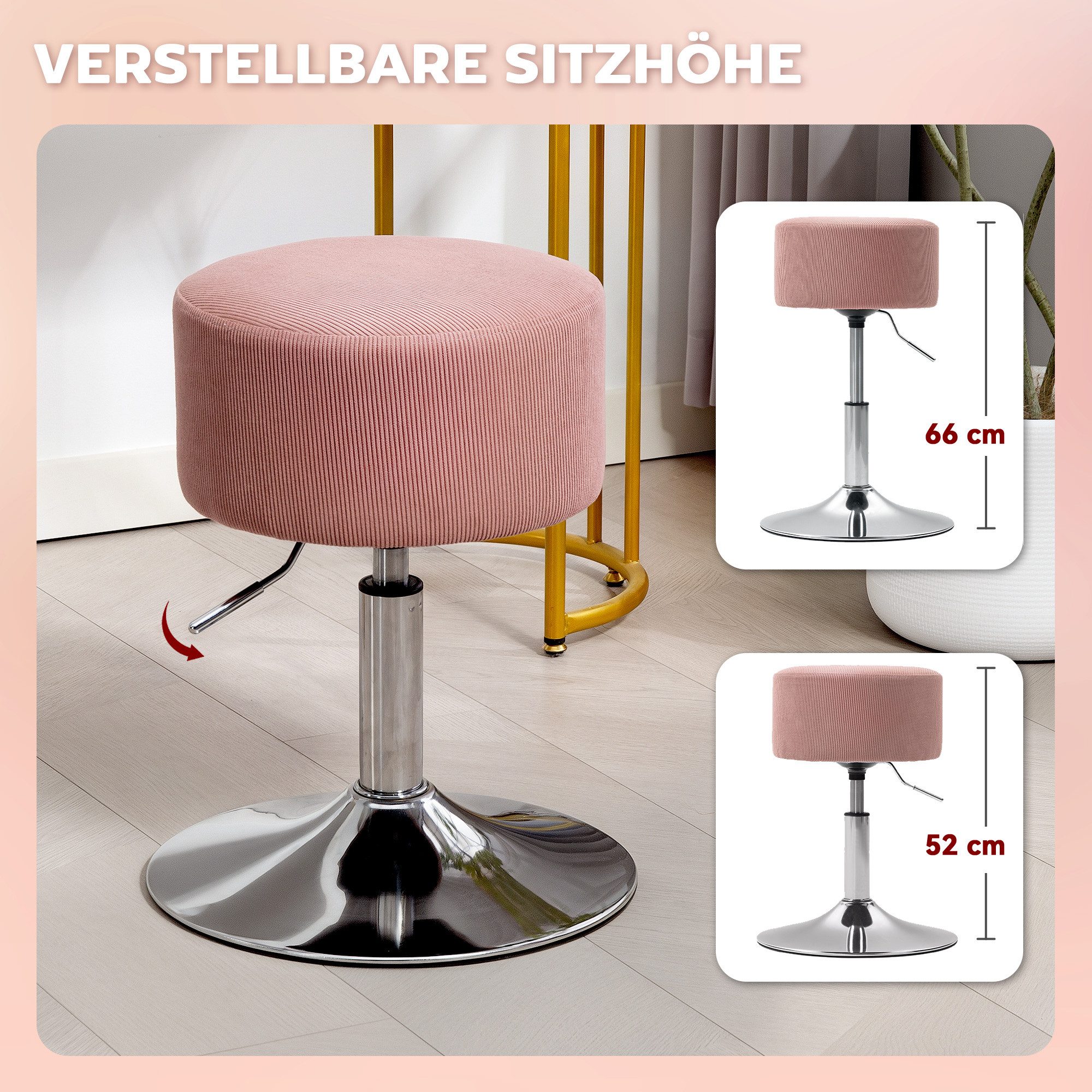 HOMCOM Barhocker mit Metallgestell, Cordoptik, Fußstütze (höhenverstellbar Küchenstuhl, 1 St., gepolstert 360° drehbar Barstuhl), für Küche, Wohnzimmer, Esszimmer Rosa