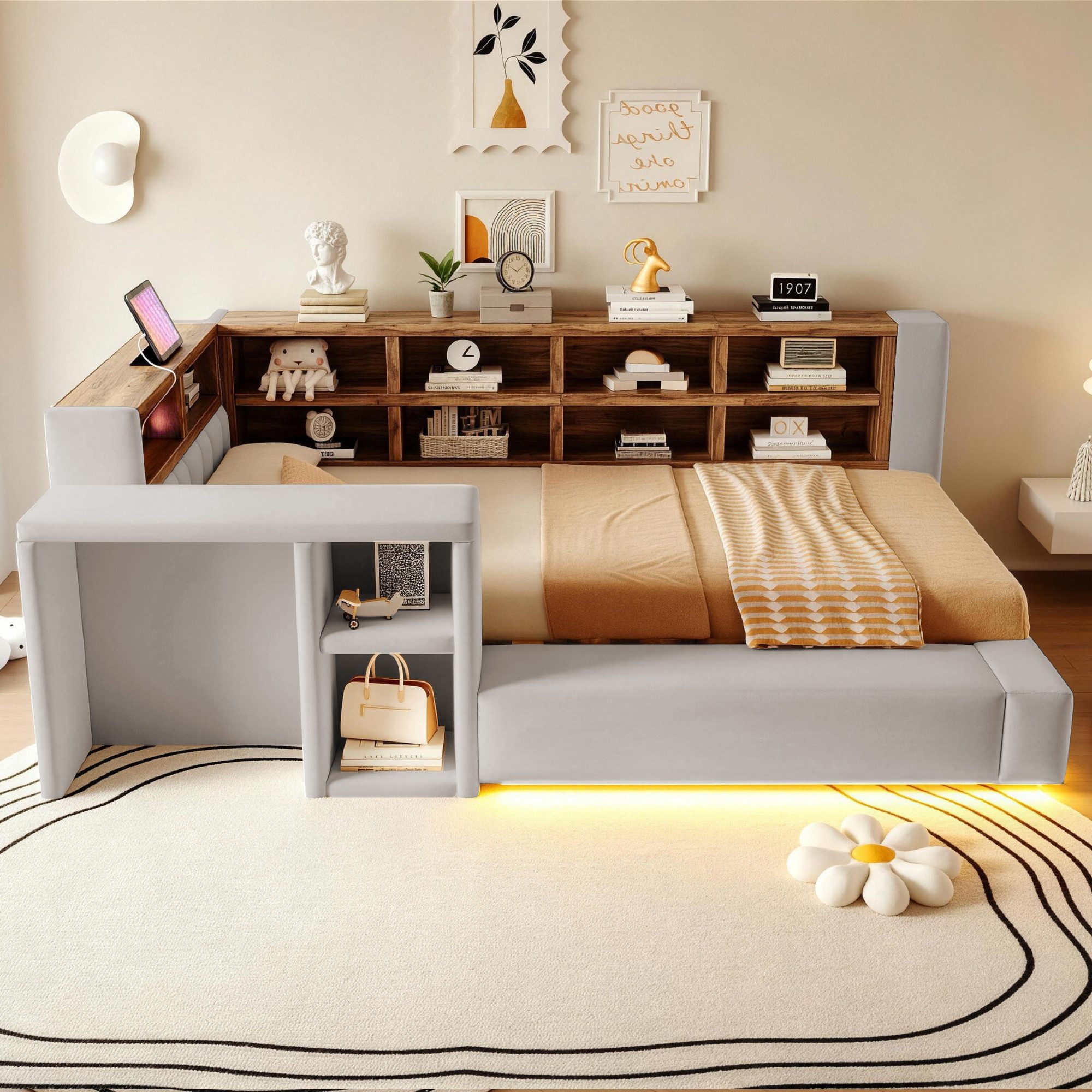 Merax Daybett 90x200cm mit LED-Beleuchtung und Steckdosen (Samt Jugendbett Sofabett Schlafsofa Kinderbett, 1 tlg), Polsterbett mit gepolstertem Kopfteil, Staura – Bild 2 von 5