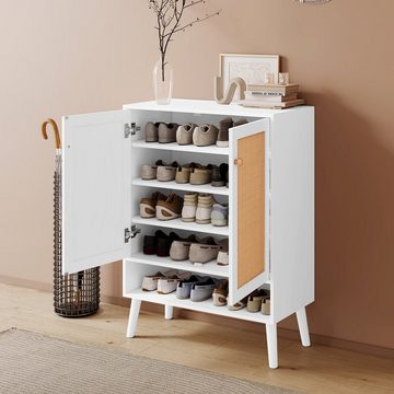 REDOM Schuhschrank Sideboard (aus natürlichem Rattan mit 2 Türen und 5 Regalböden, Massivholzbeinen)