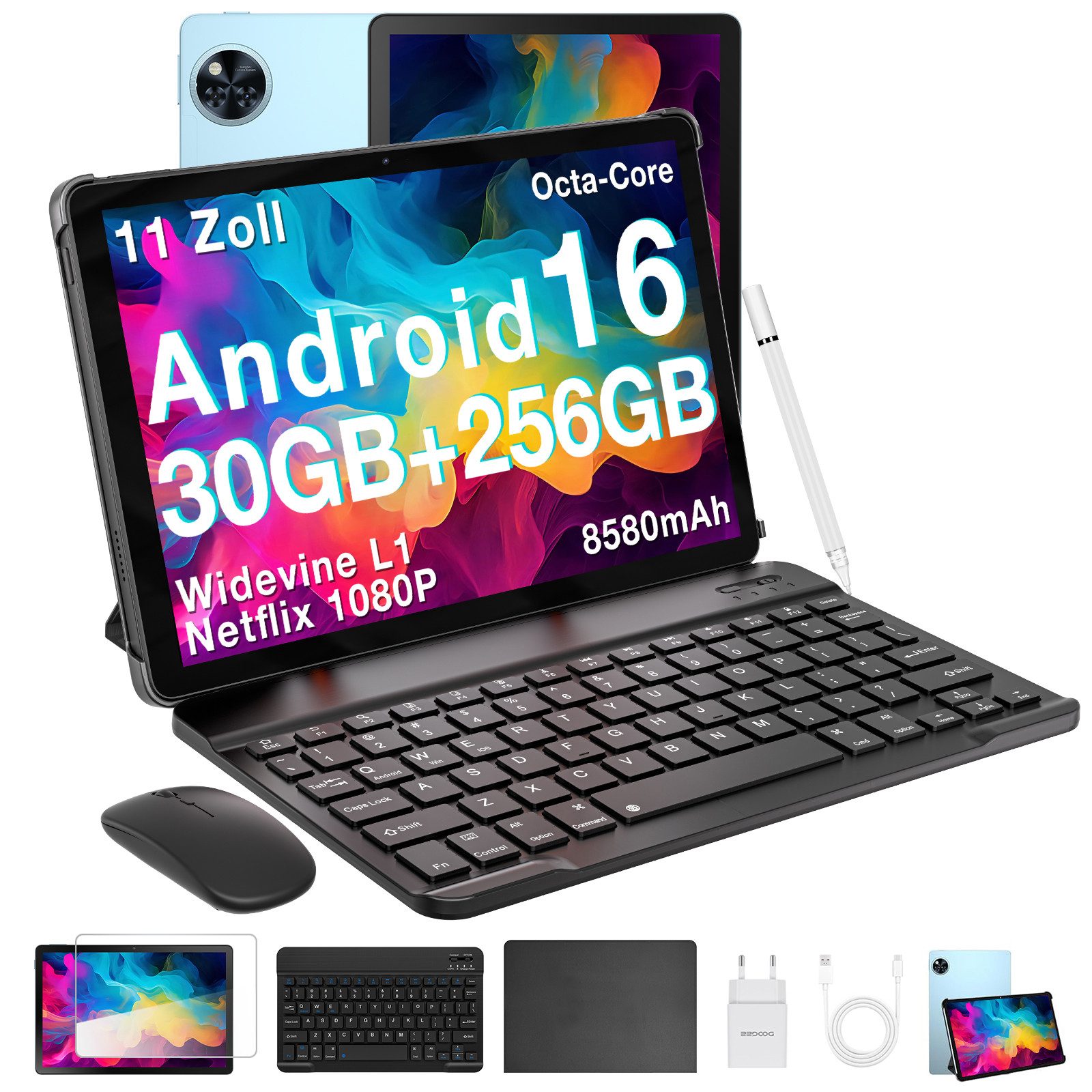 DOOGEE U11 Pro Android 16 Tablet mit Tastatur, Stift, Maus, Hülle, 11 Zoll Tablet (11", 256 GB, Android 16, WIFI, 8580mAh, 90Hz, 13MP+5MP, 5G WiFi/Widevine L1/ GPS/Face ID/OTG)