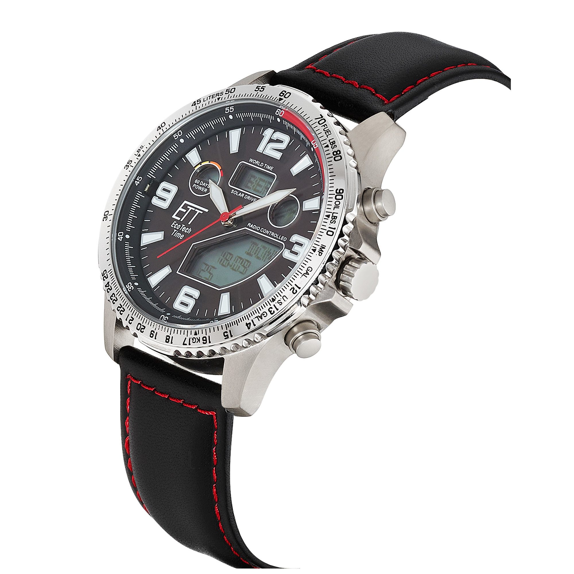 ETT Funkchronograph Professional World Timer EGT-11718-22L, Armbanduhr, Solar, Herrenuhr, Lederarmband, analog, digital