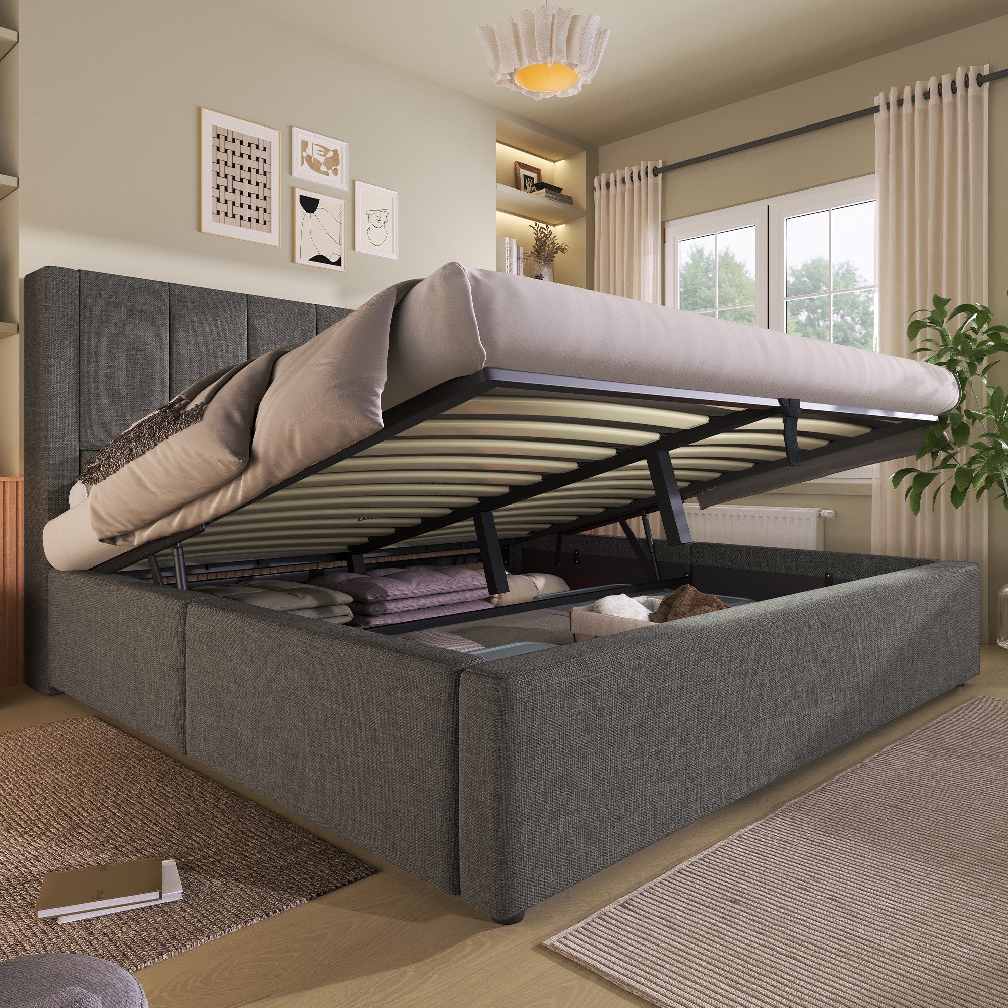 MODFU Polsterbett Polsterbett 140 x 190 cm mit Stauraum und Ladestation, Leinen Grau (Struraumbett, Funktionsbett, Inkl. Lattenrost, Leinen Beige), mit verstecktem Becherhalter & Ladestation