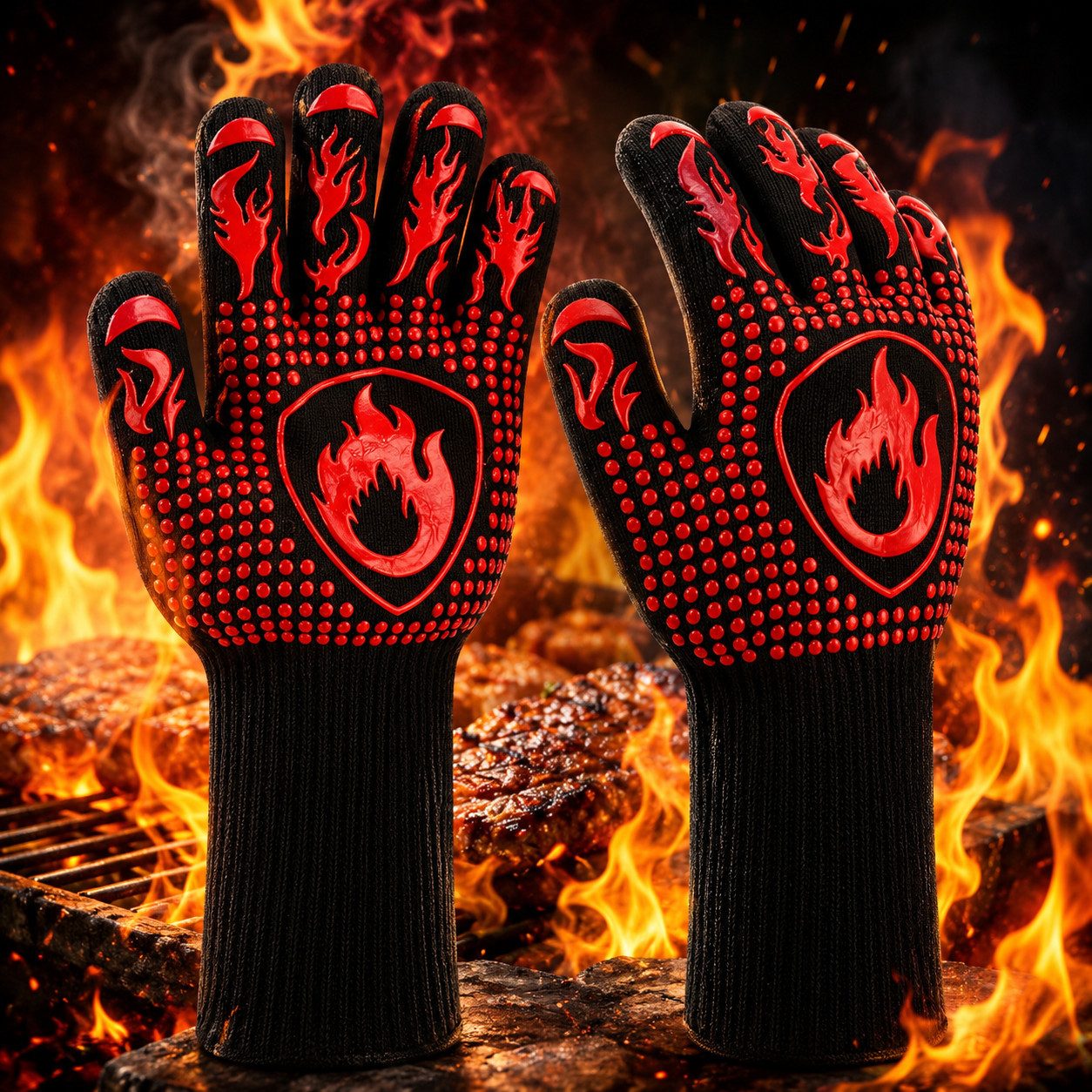 Forrlite Grillhandschuhe Hitzebeständige Handschuhe zum Grillen, Kochen und Backen, (Hitzebeständige Grill- & Ofenhandschuhe für Küche, Backen, BBQ – Schutz vor Verbrennungen und heiße Töpfe sicher greifen)