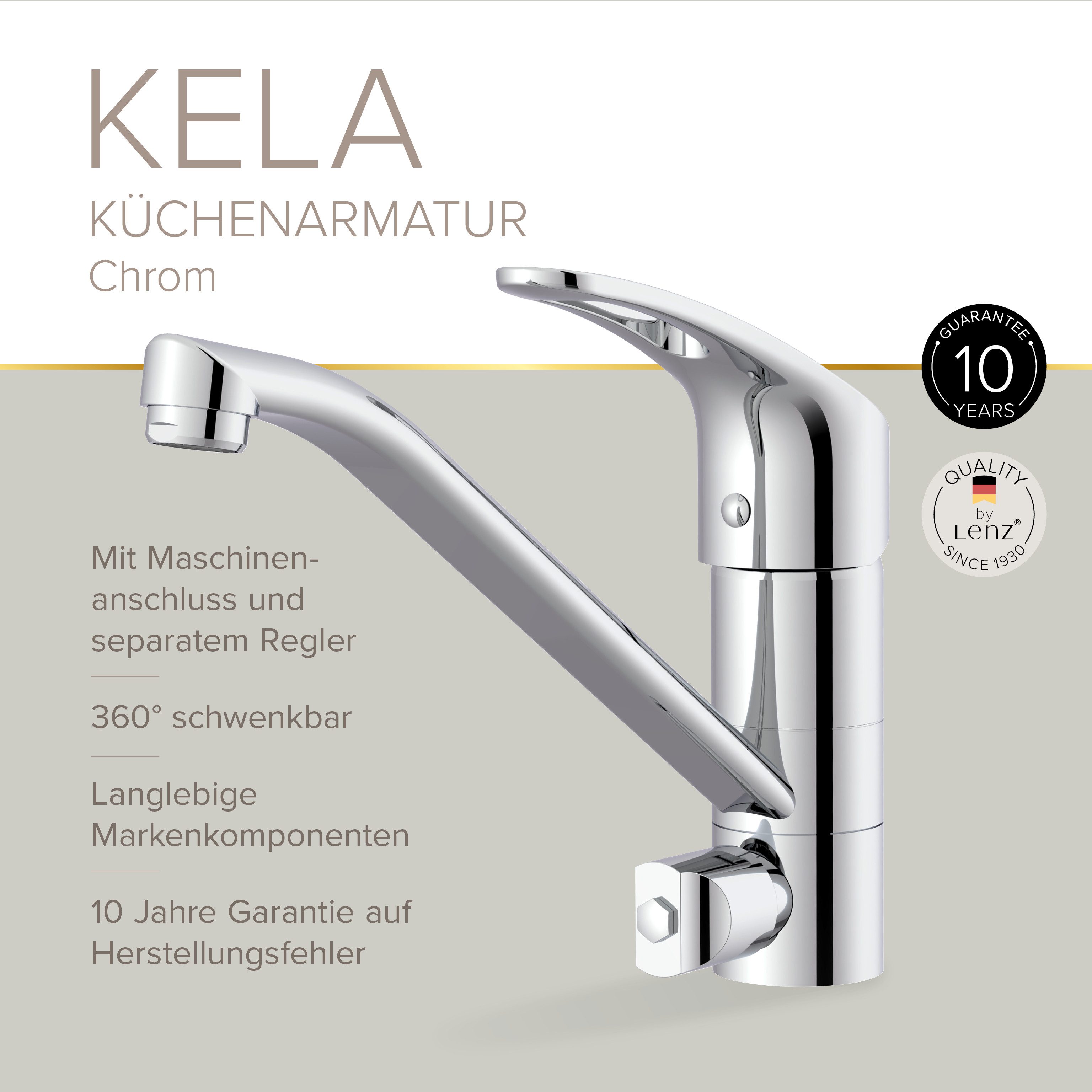 Lenz Küchenarmatur KELA, Chrom mit Geräteanschluss, schwenkbar Praktischer Maschinenanschluss für Spül- oder Waschmaschine