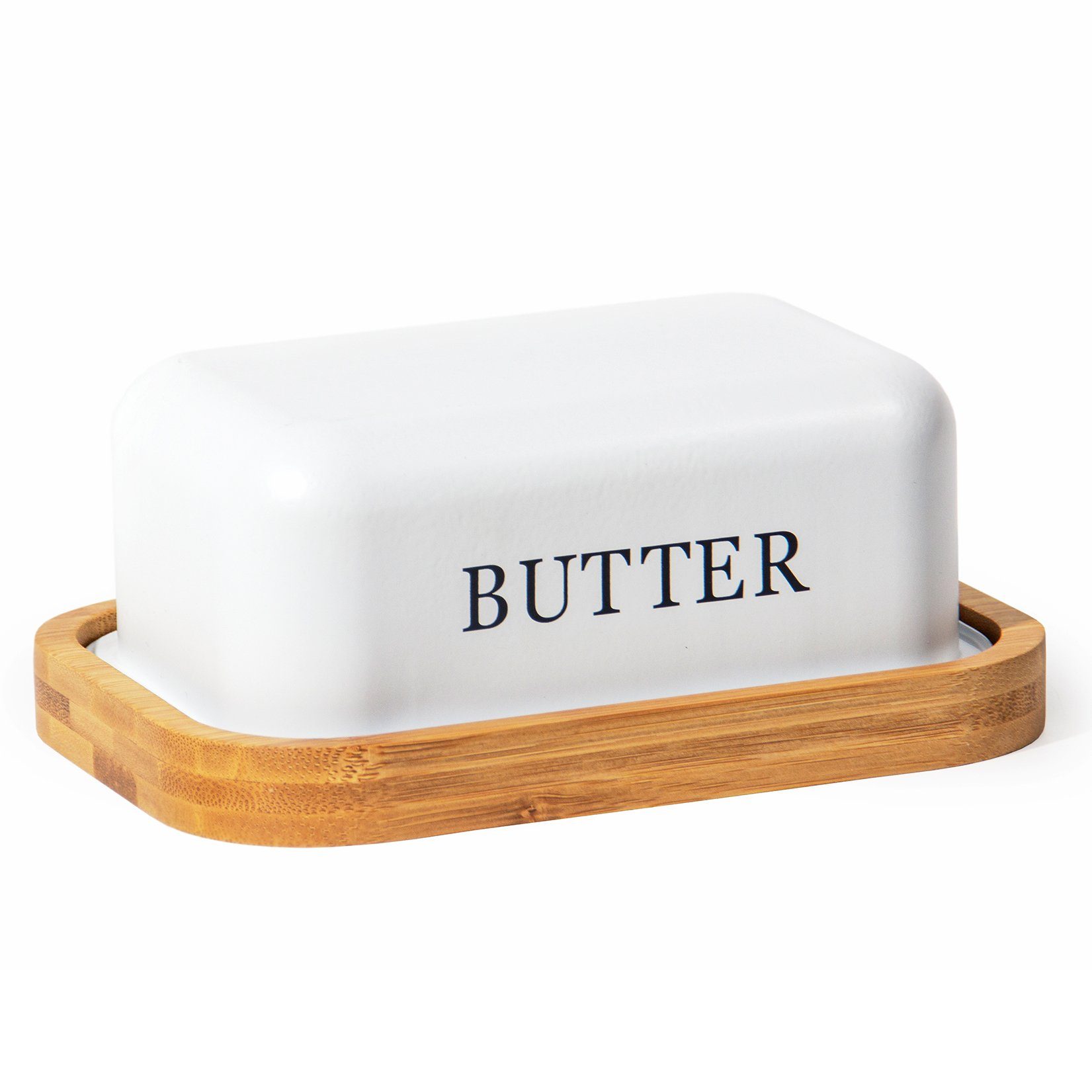 Zedelmaier Butterdose Butterdose,Butterglocke für 250g Butter,mit nachhaltigem holzdeckel, (Packung, 1 x Becher, 1 x Deckel, HYH004), Butterdose aus beschichteter Metallplatte, rundem Rand Weiss+hölzerne Abdeckung