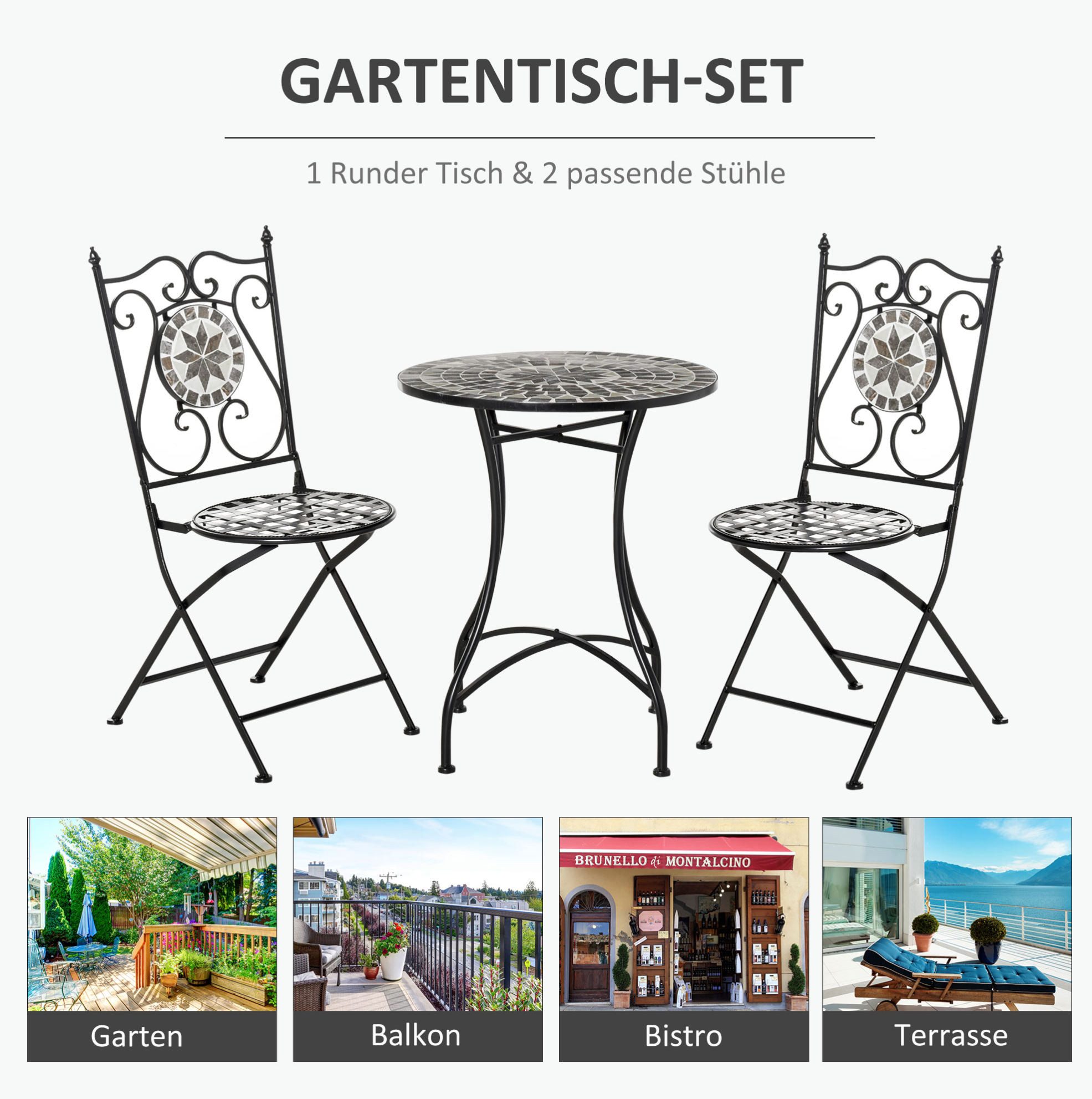 MODFU Sitzgruppe Ø60x71 cm 2-Sitzer Garten Sitzgruppe mit dekorativem Mosaiktisch, (Set, 3-tlg., Balkonmöbel-Set mit faltbaren Stühlen aus Metall), Mehrfarbiger Tisch mit Keramikfliesen für Garten & Terrasse