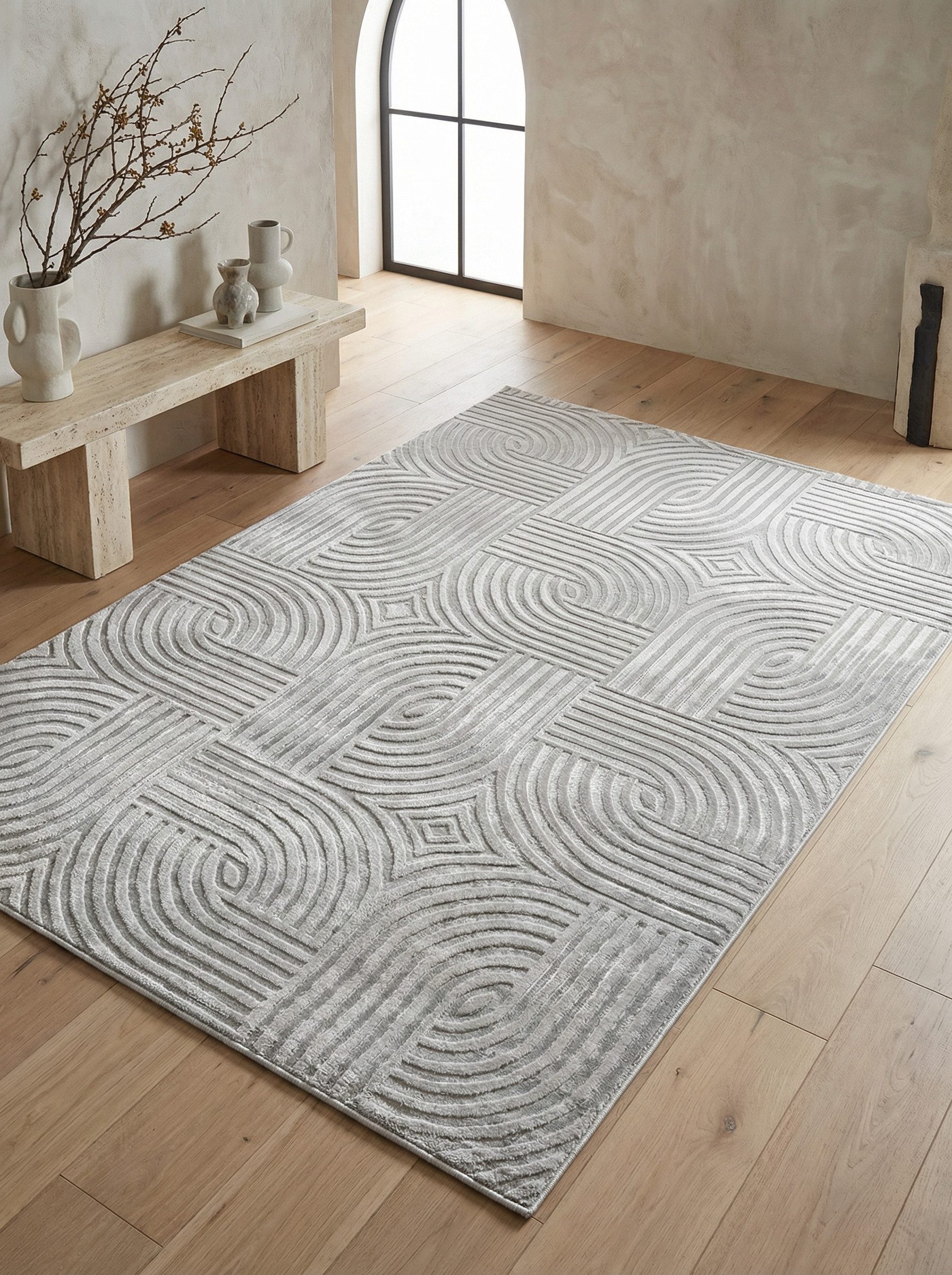 KADIMA DESIGN Teppich ILLER Wohnzimmer Schlafzimmer Waschbar Wohnzimmerteppich Esszimmer, Läufer, Höhe: 14 mm, Silber, 80x150 cm, Strapazierfähig Fußbodenheizung 3D Waschbar
